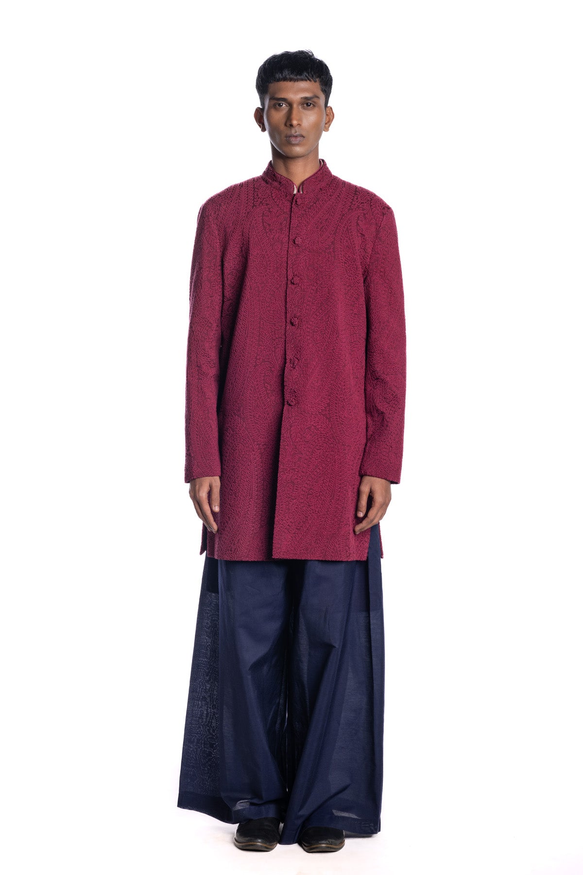 Deep maroon unstructured sherwani with subtle all-over embroidered