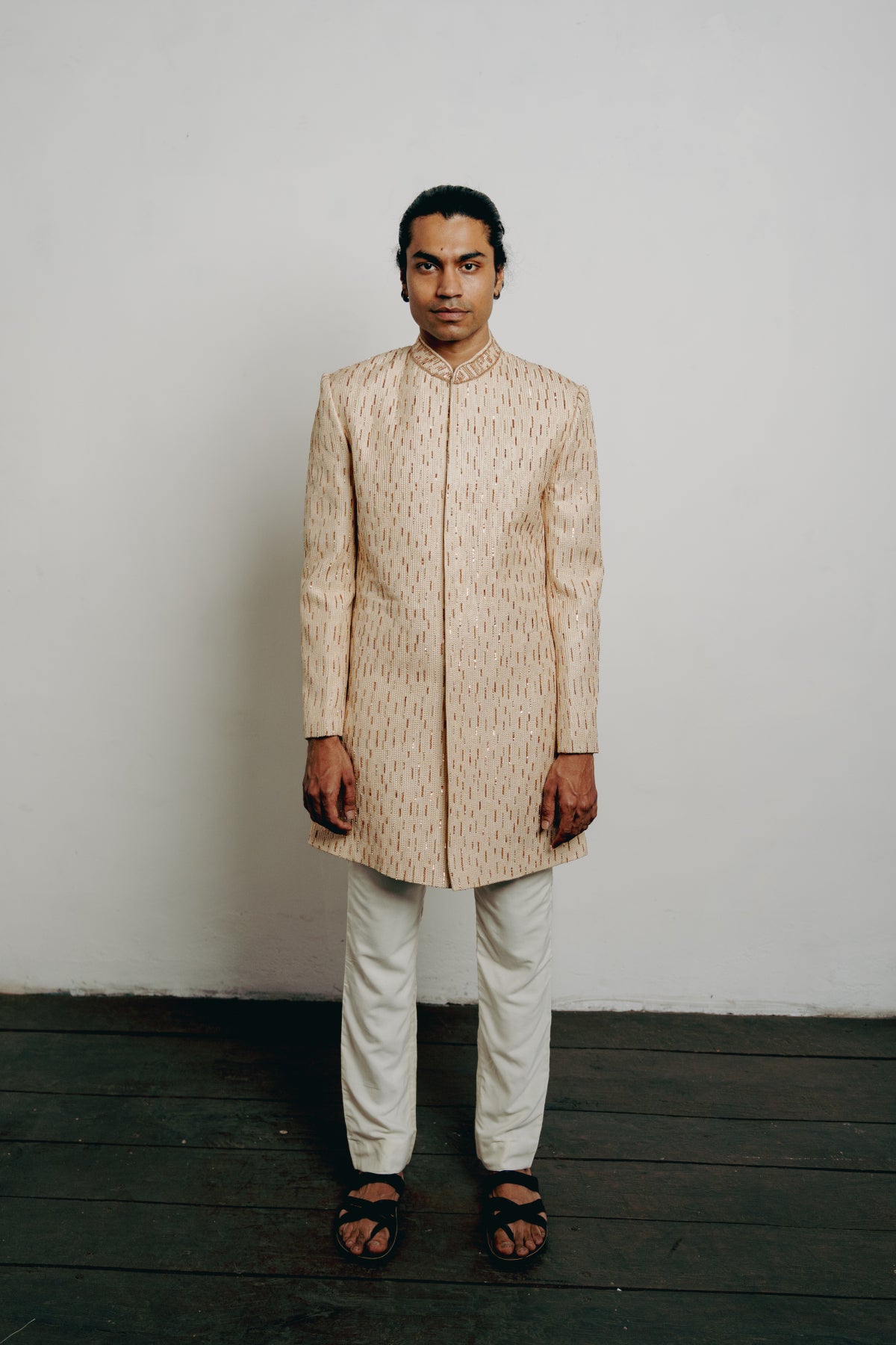 Beige All Over Texture Embroidered Sherwani Set