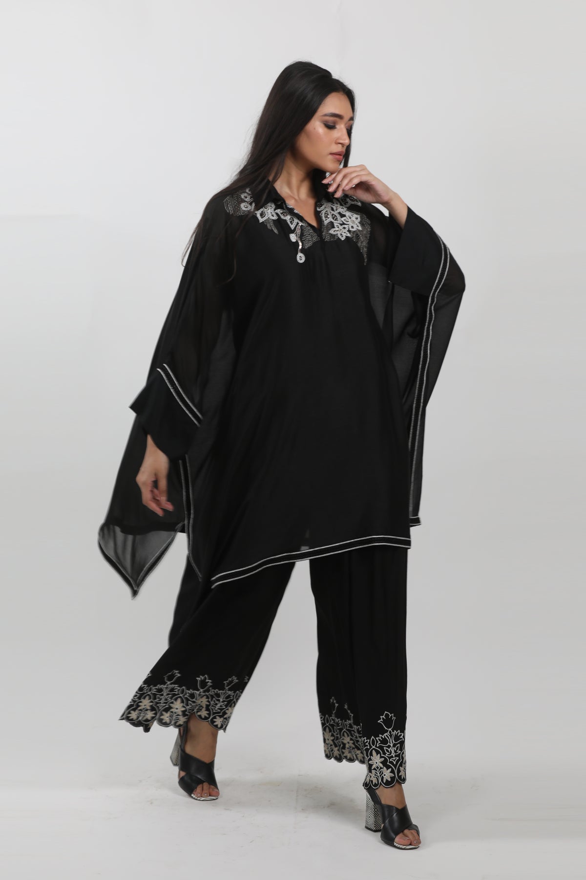 Black Cape Tunic with hand embroiderey around collar & black lace trim details