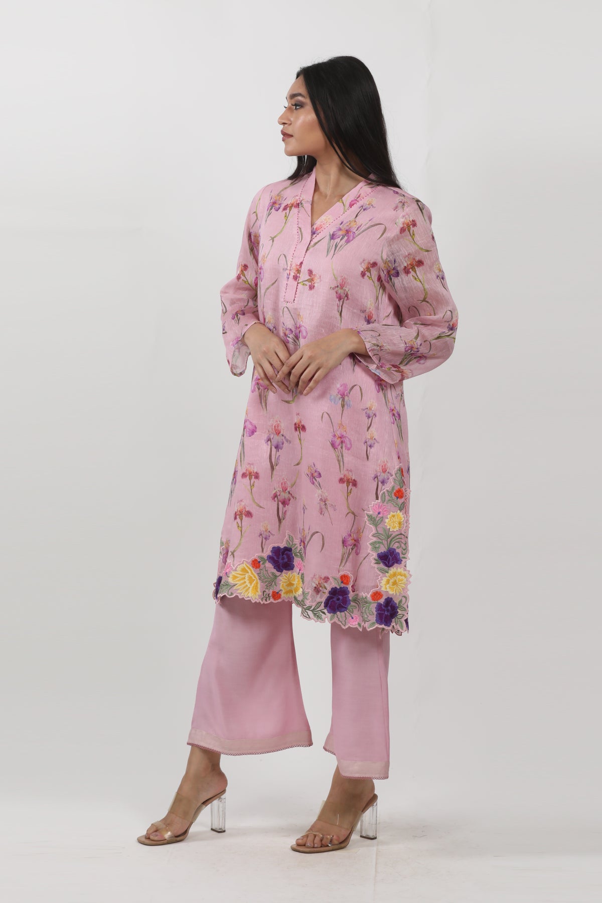 Pink Floral printed Embroidered Tunic Set