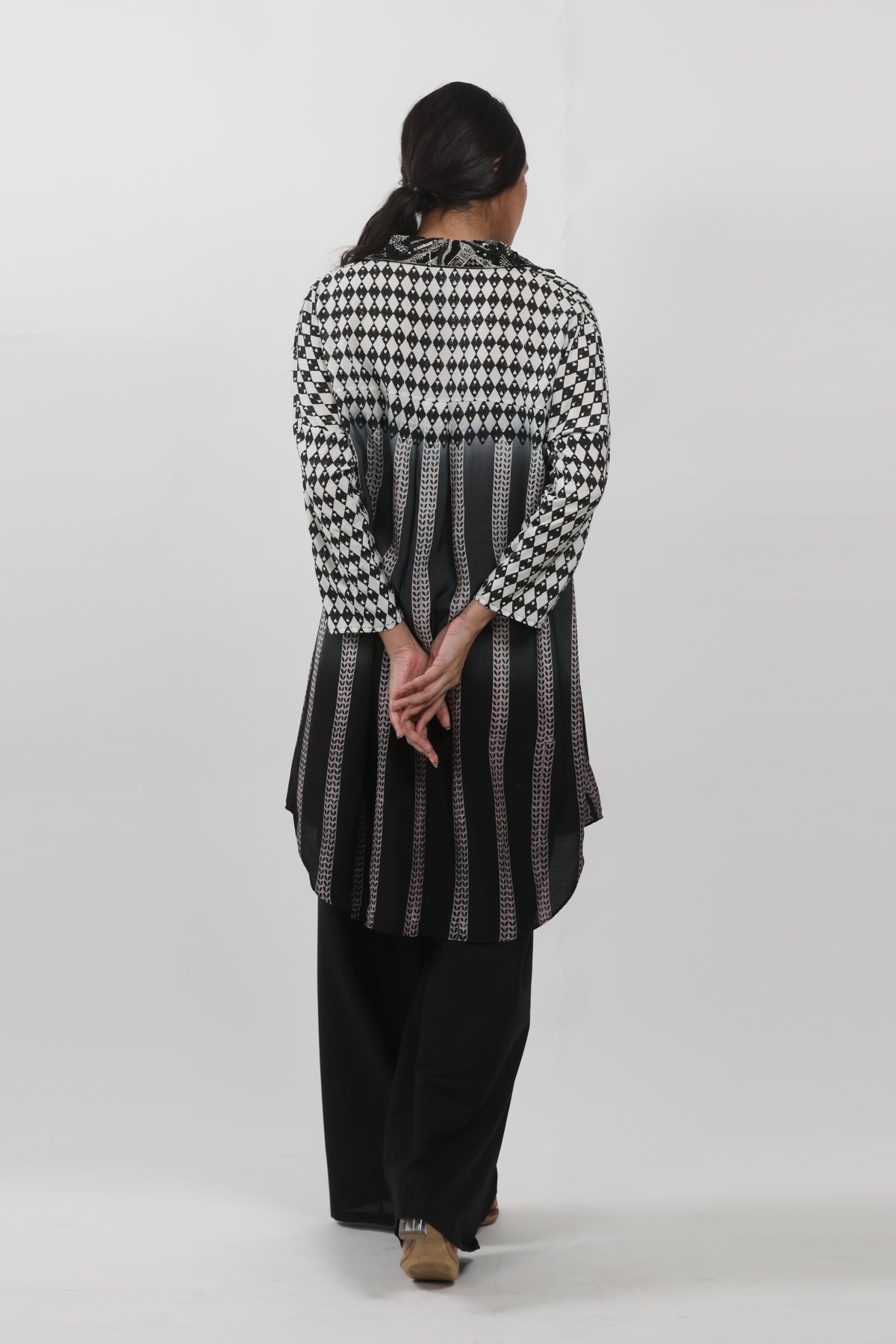 Black/White Shaded Block Printed & Embroidered Shirt Tunic