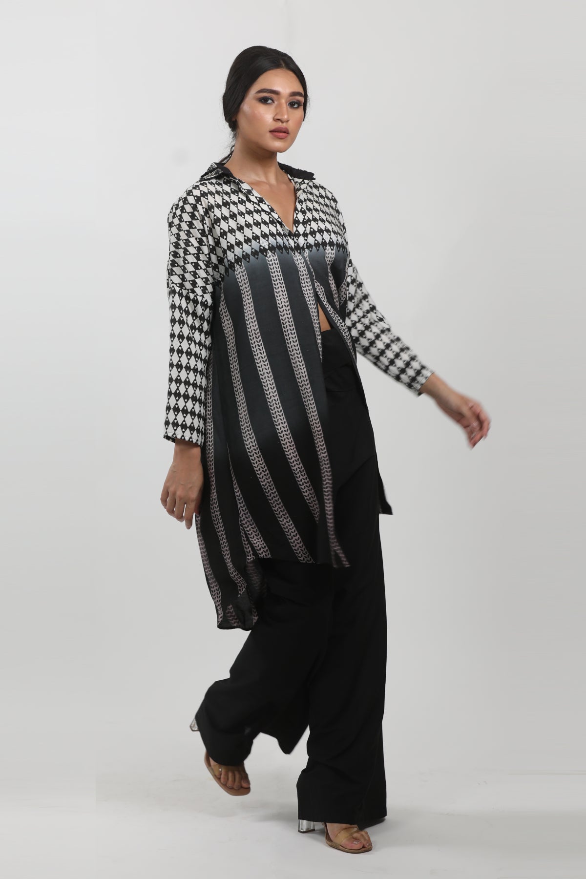 Black/White Shaded Block Printed & Embroidered Shirt Tunic