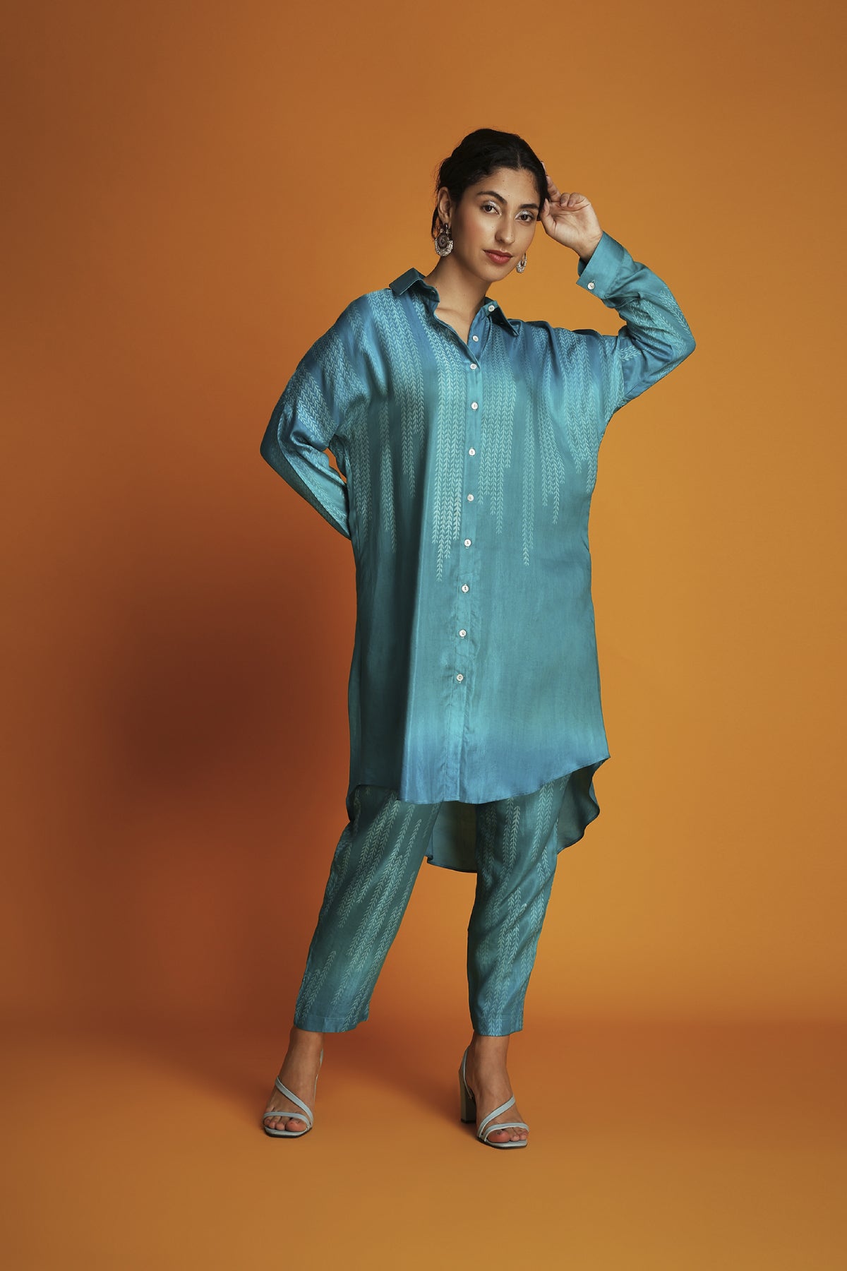 Turq ombre block printed shirt tunic set
