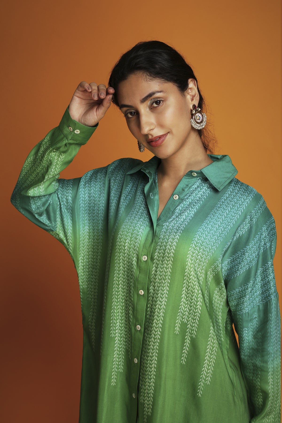 Green ombre block printed shirt tunic set