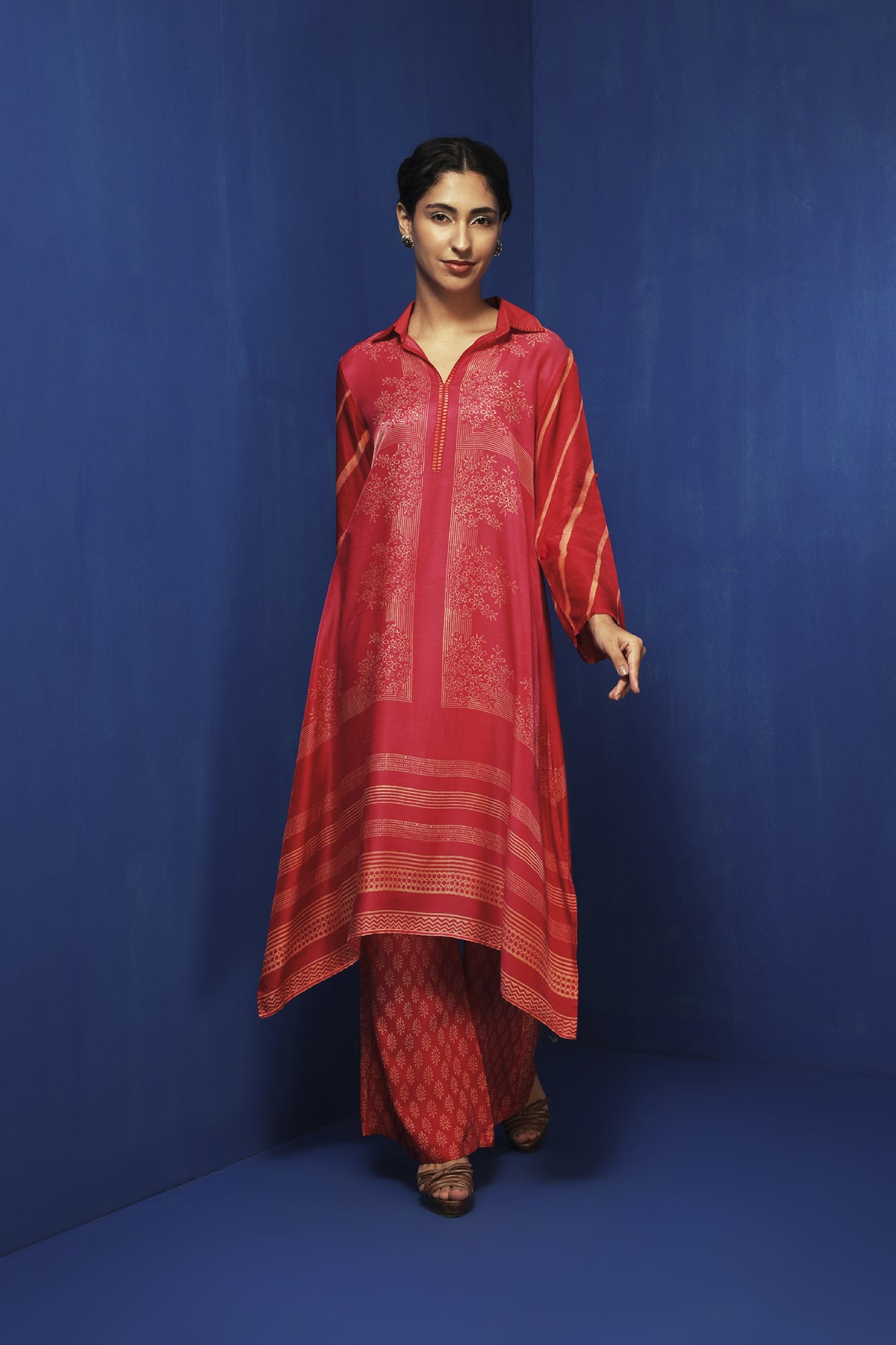 Red & fuchsia ombre block printed tunic set