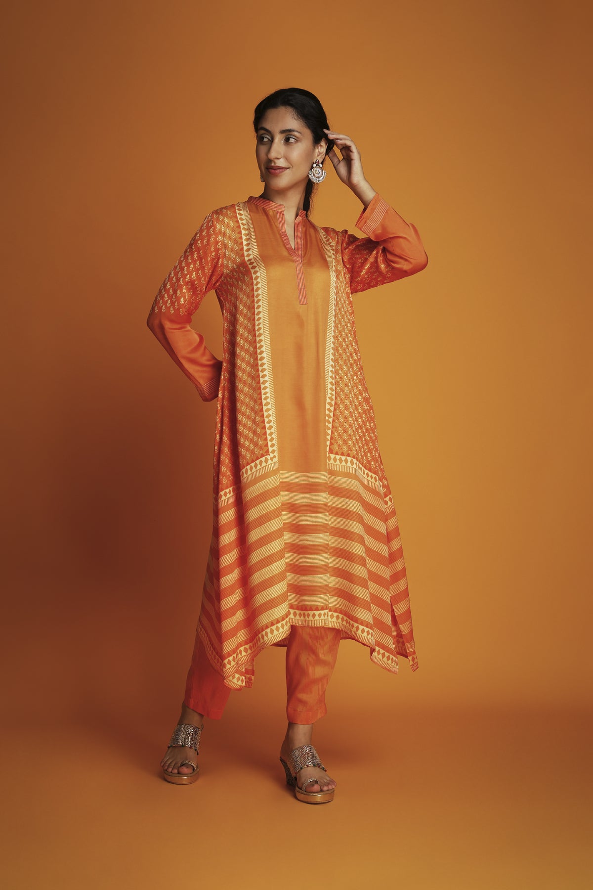 Orange ombre block printed tunic set