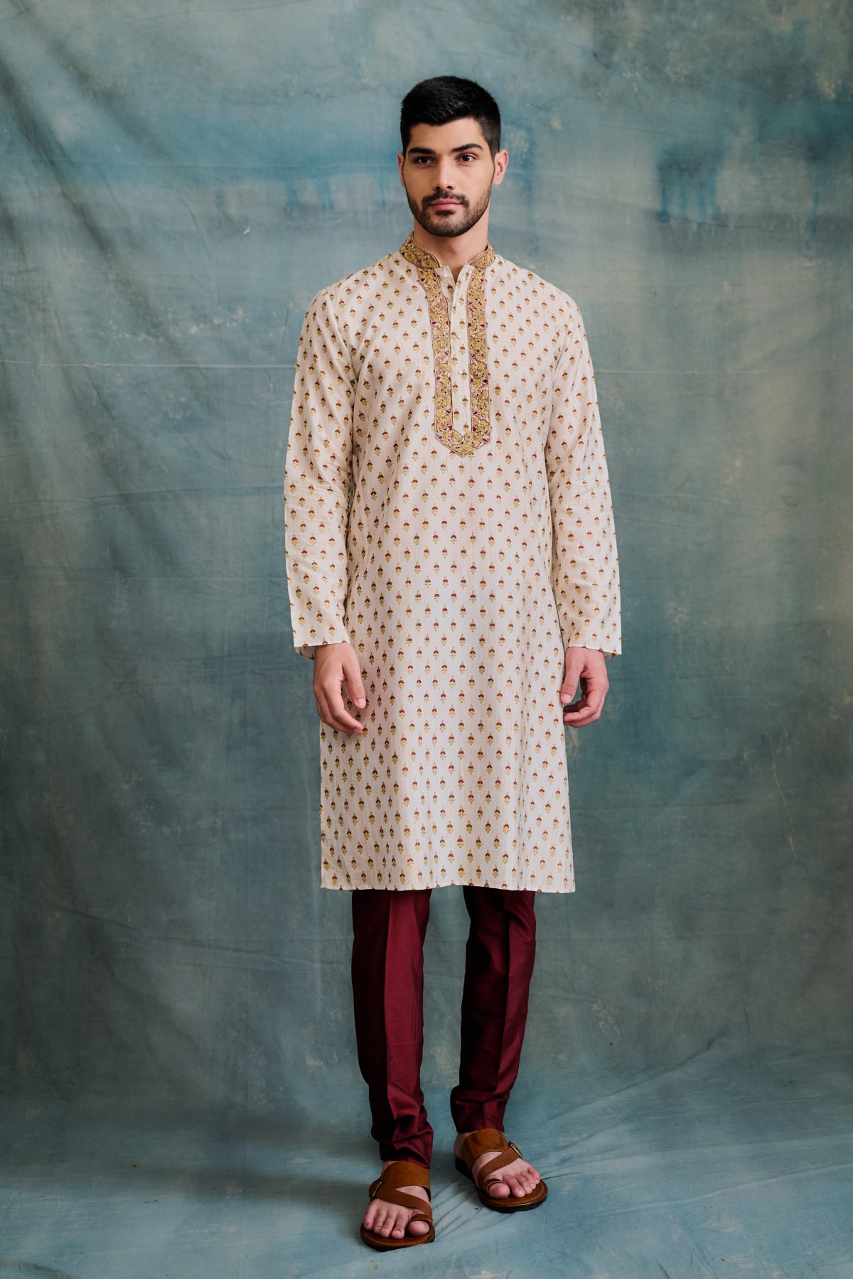 Mustard-olive block-printed bootis kurta set