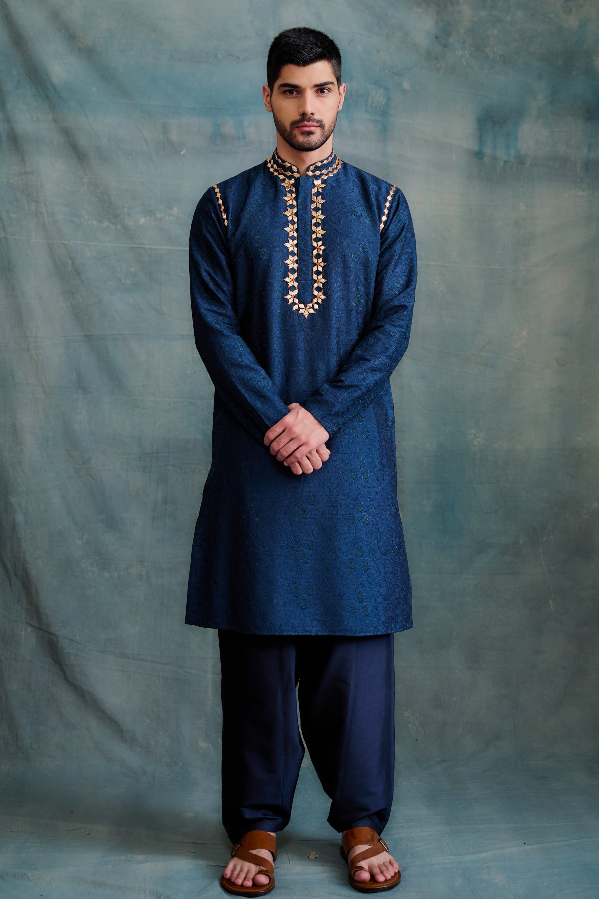 All-over resham embroidery Indigo tussar kurta set