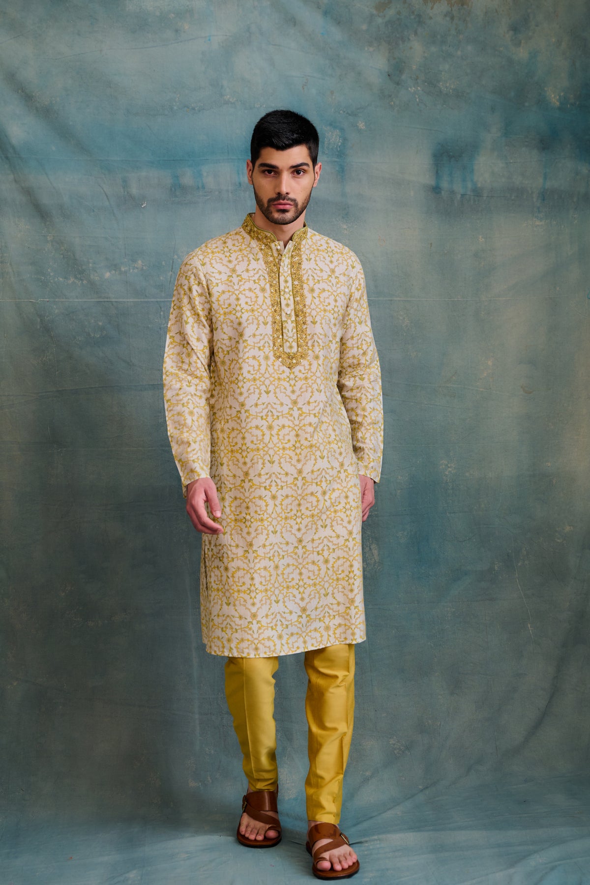 Block-printed jaal design in rich mustard tones