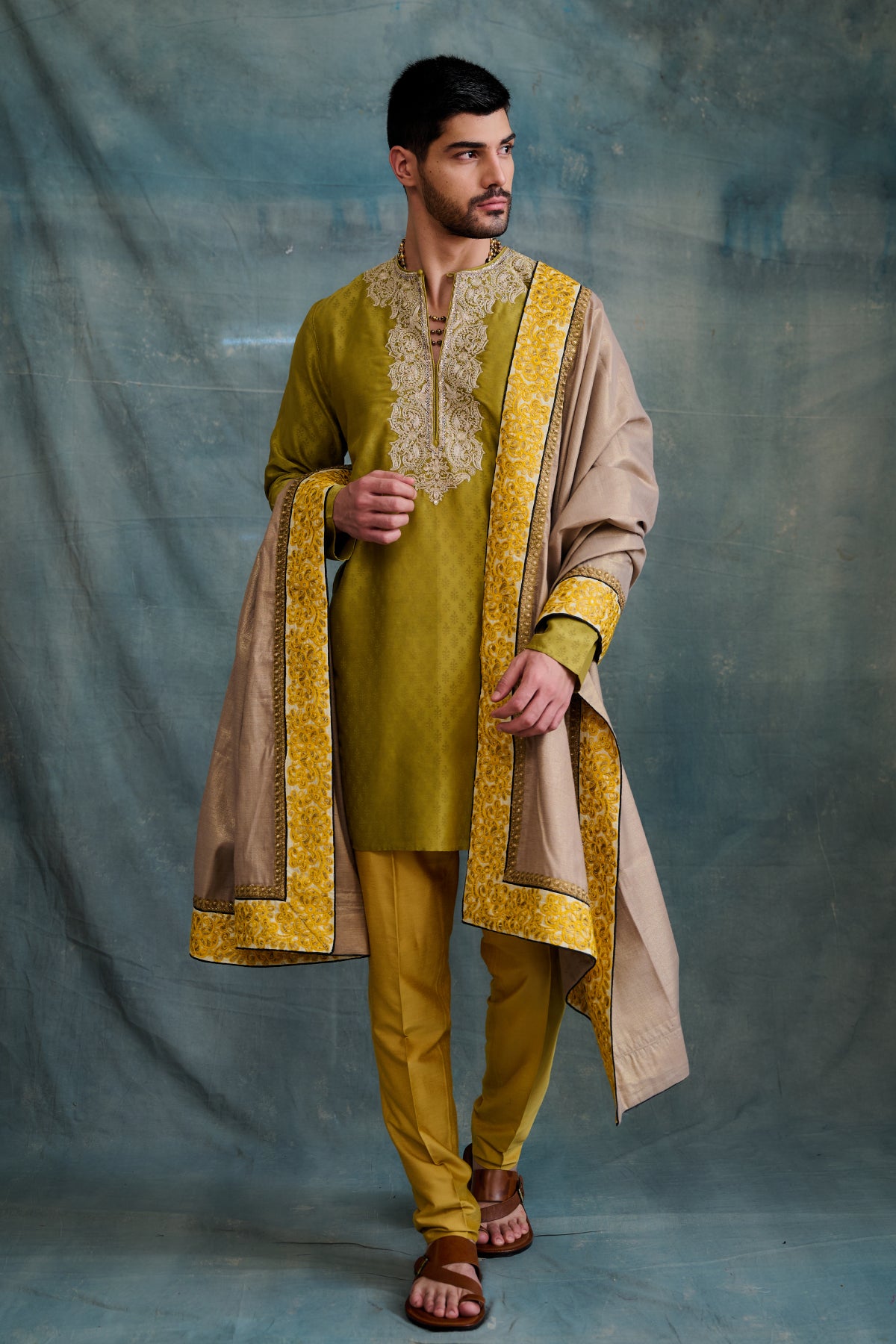 Olive block pitnted gold embroider kurta set