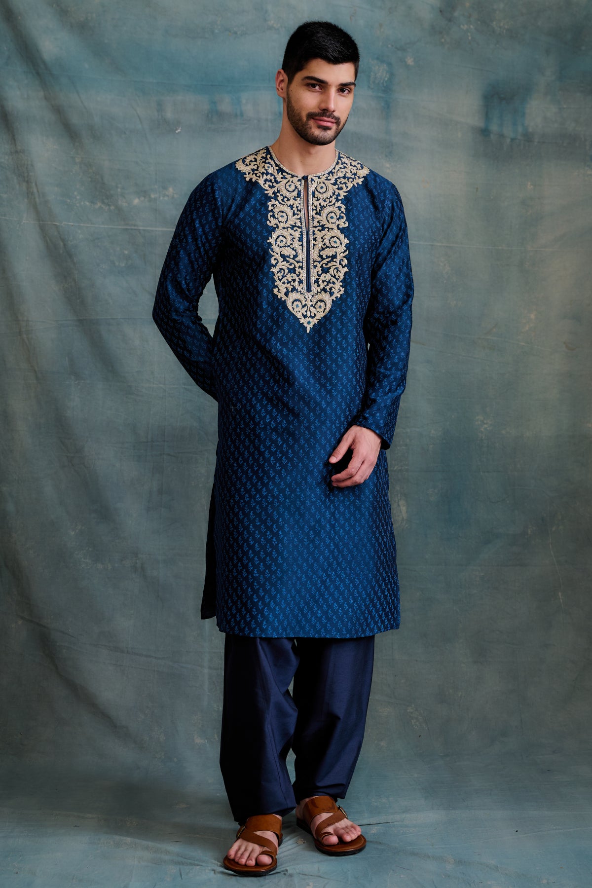 Indigo block printed gold embroider kurta set