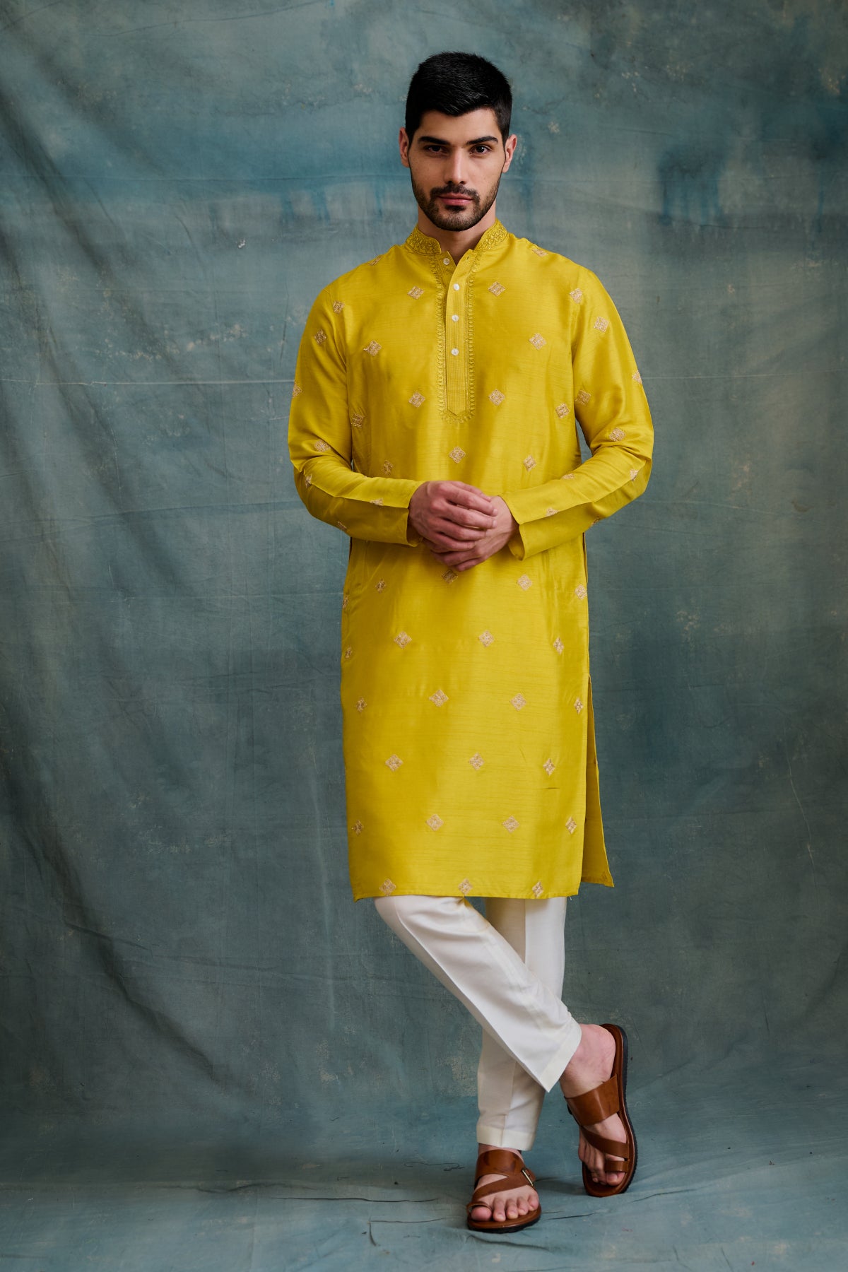 Mustard tussar cord embroidered kurta for men