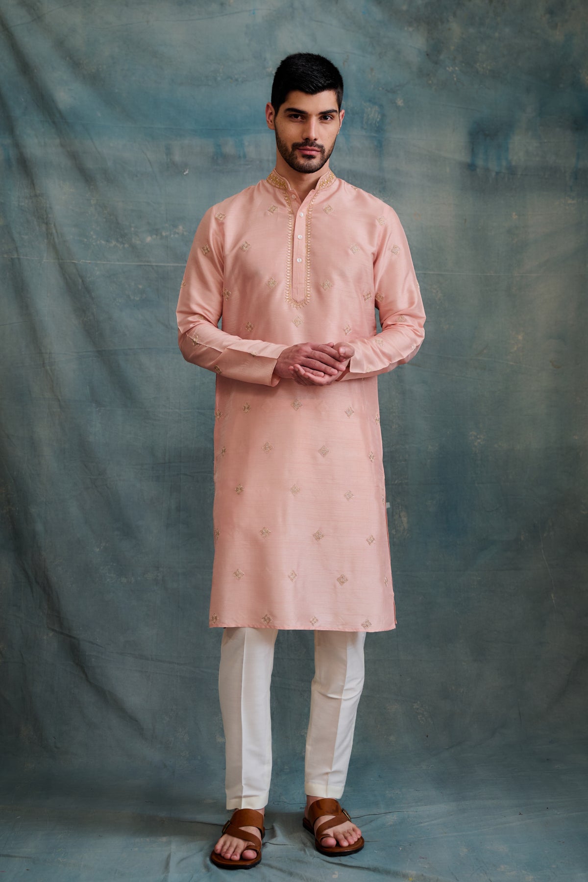 Peach tussar cord embroidered kurta for men