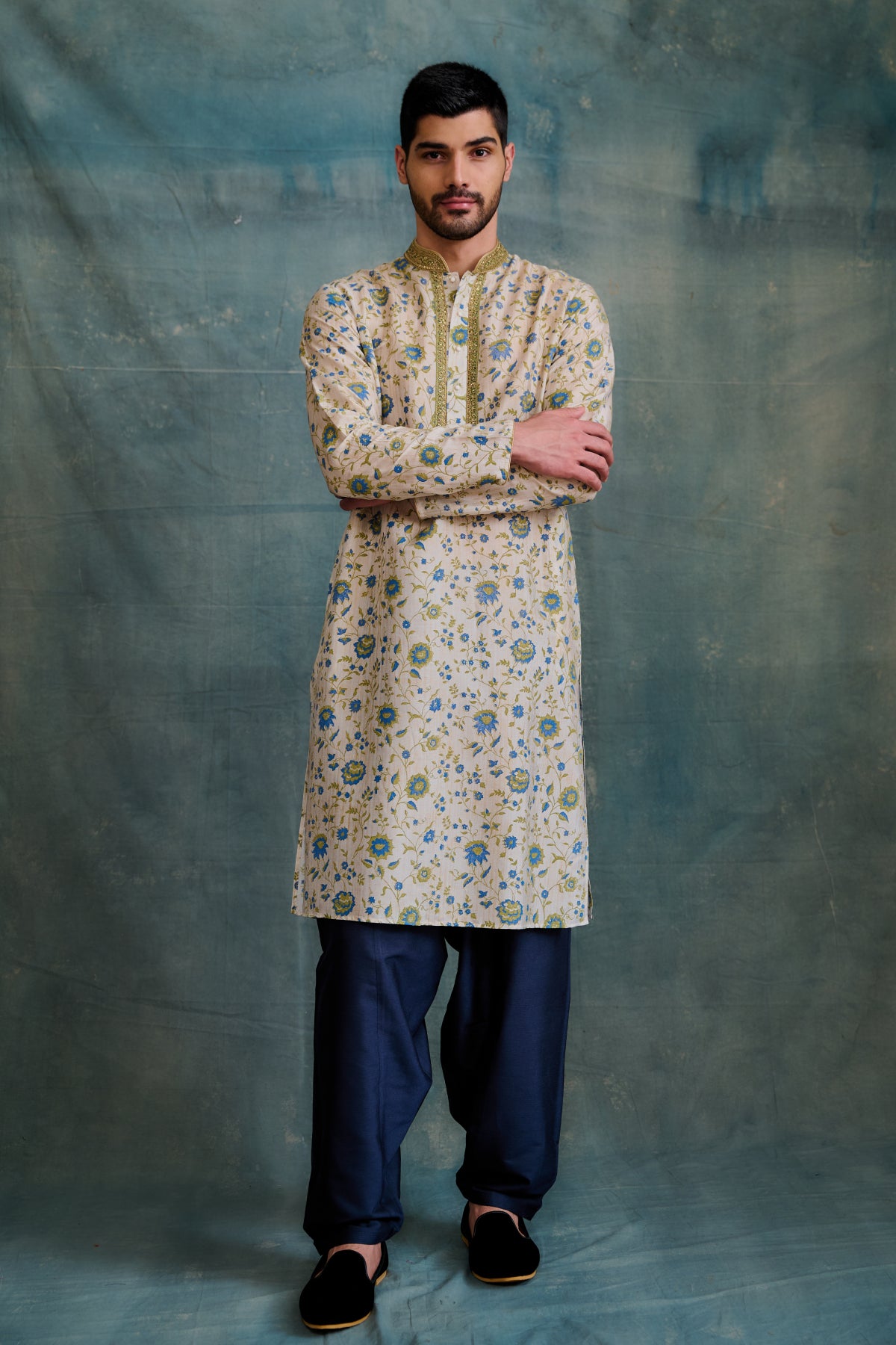 Floral jaal block print in indigo and olive tones