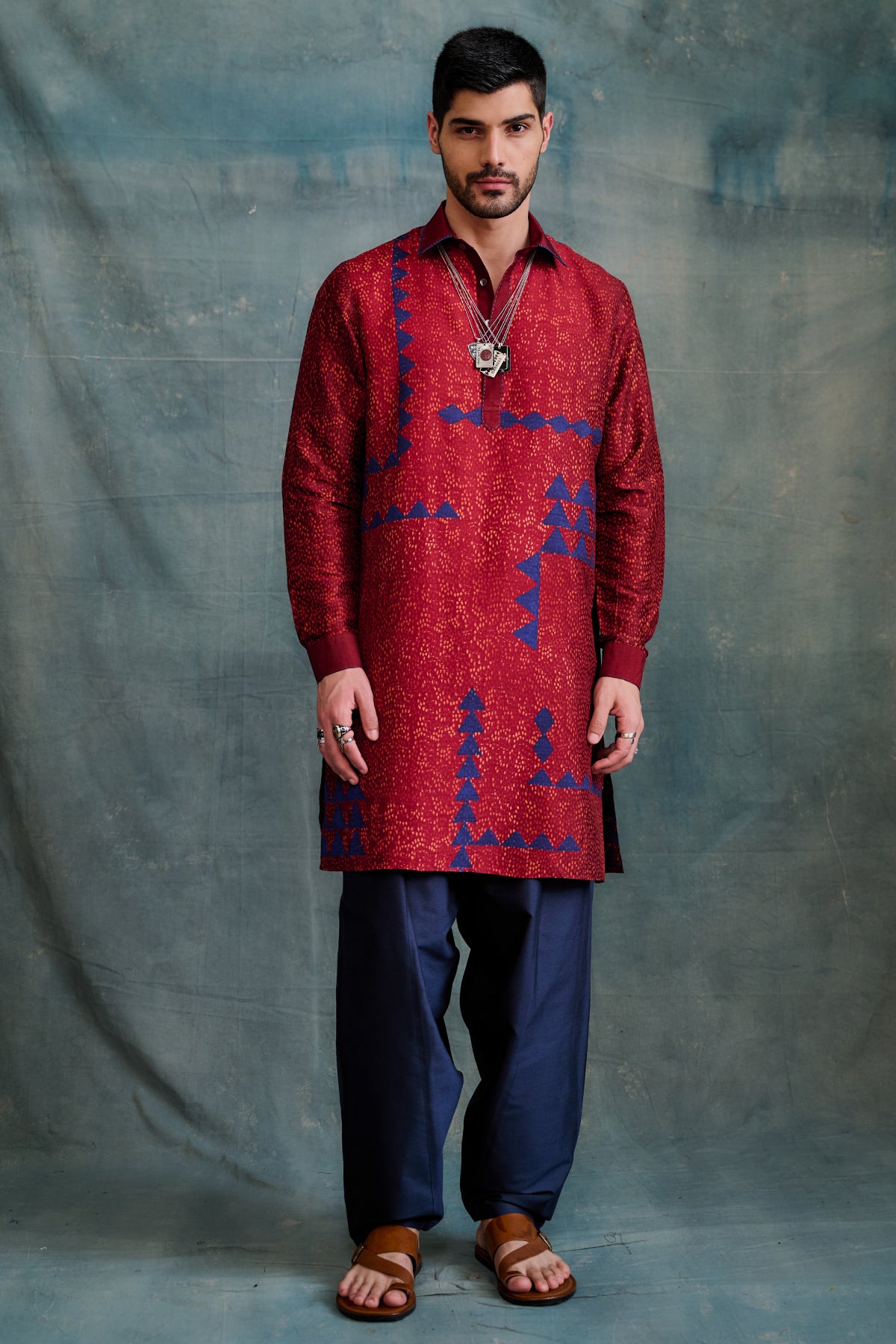 Geometric block printed maroon-shaded tussar kurta