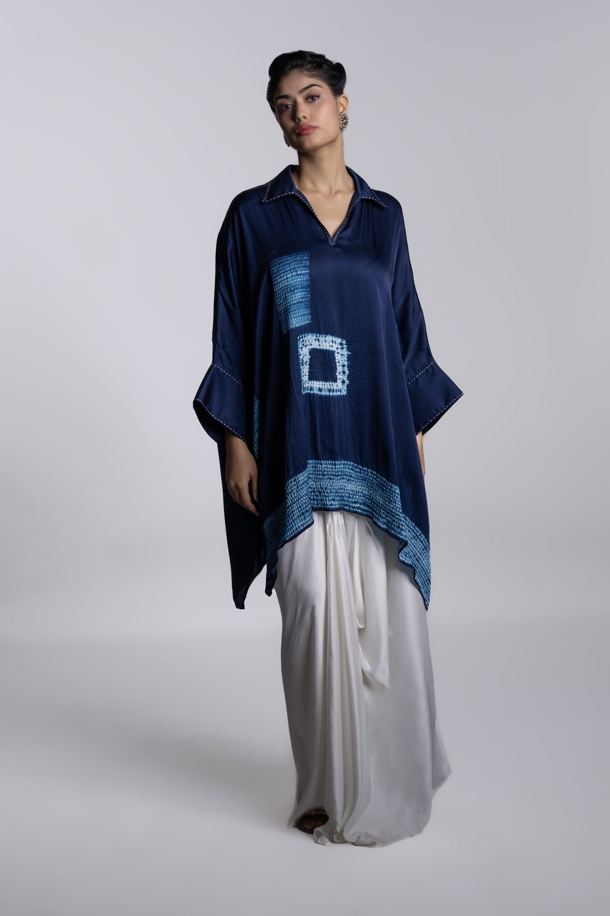 Indigo one-size kaftan top with an asymmetrical hem and a relaxed