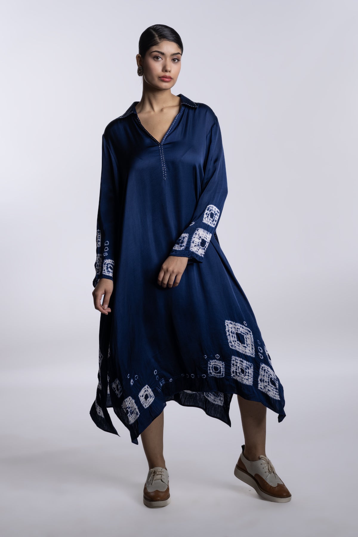 Indigo easy-fit long tunic dress with a collar