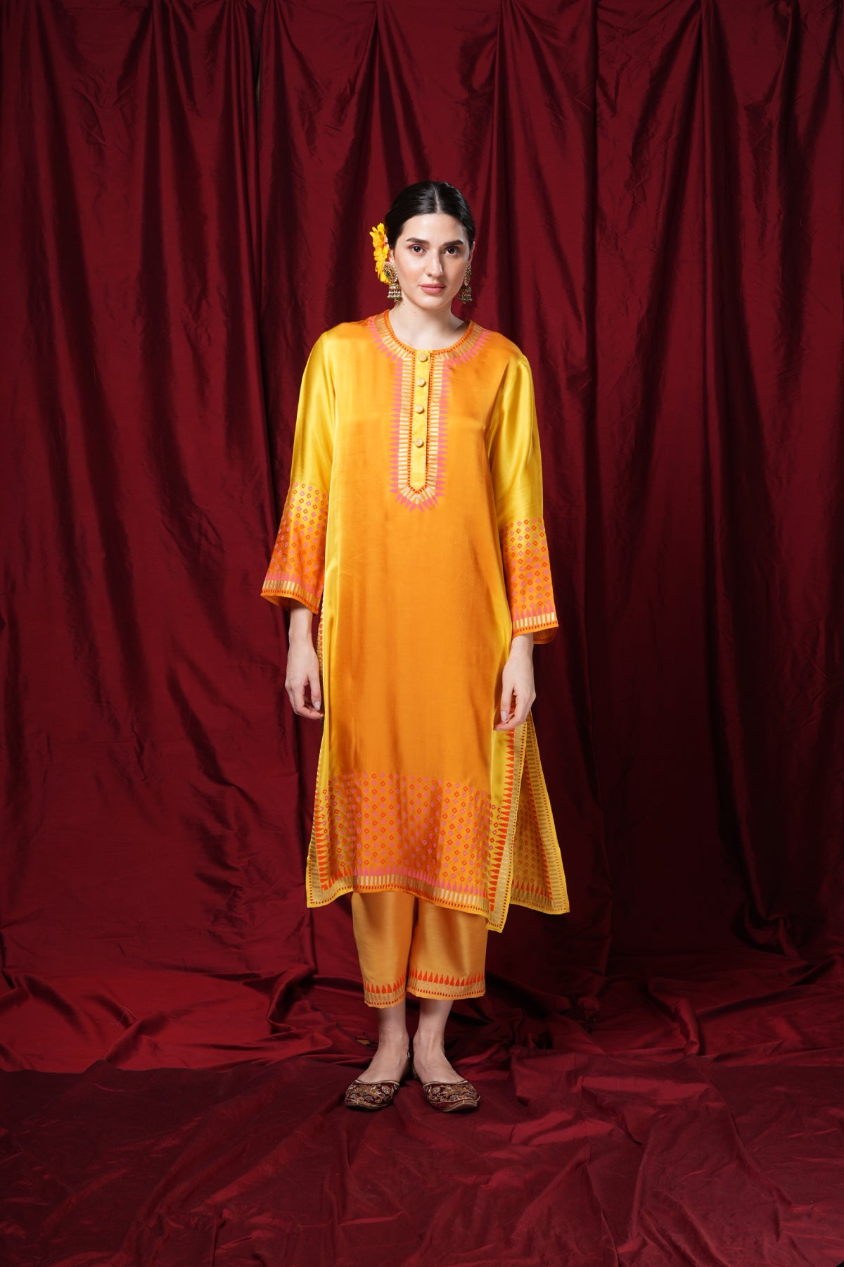 Orange yellow block-printed tunic