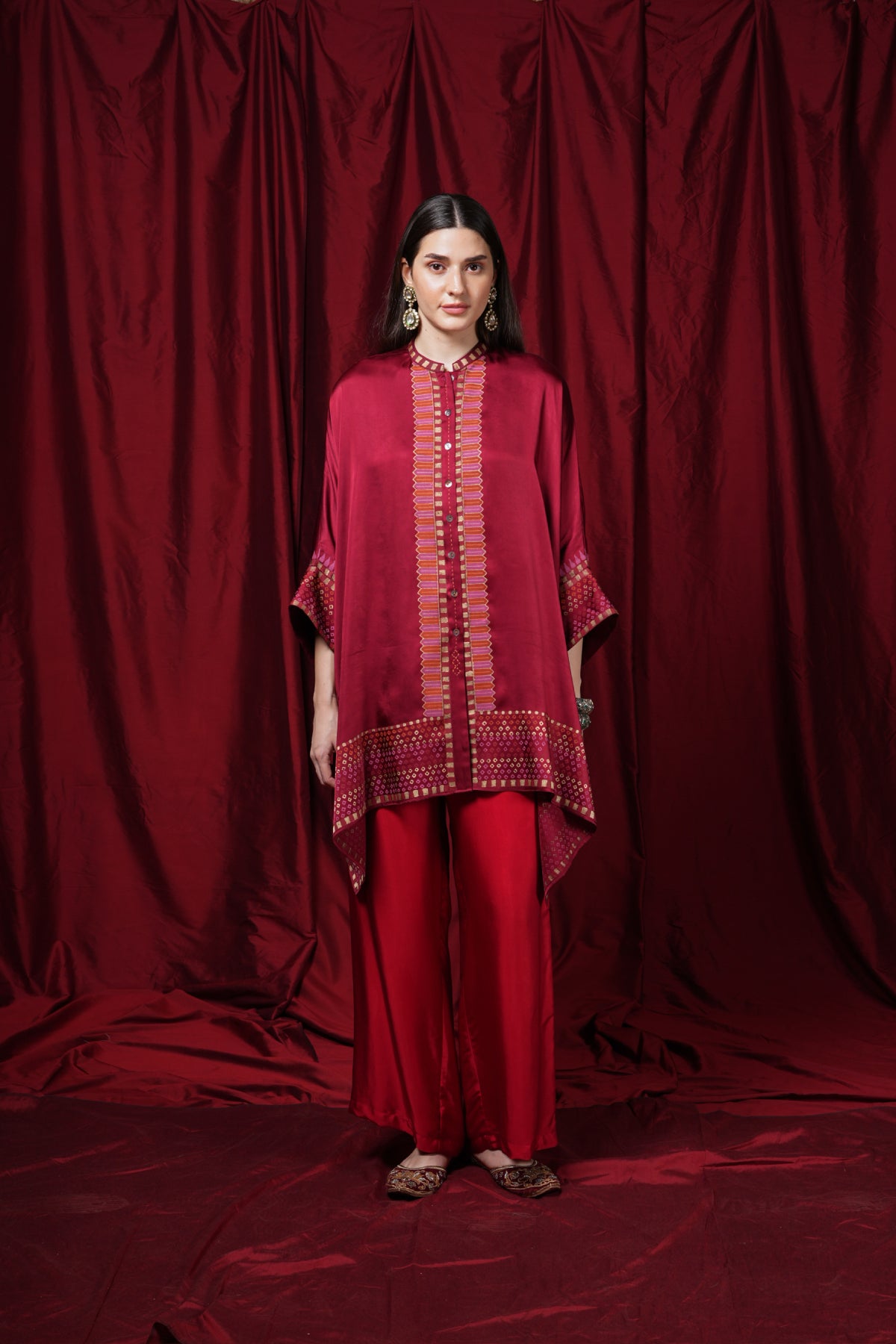 Crimson block-printed kaftan jacket