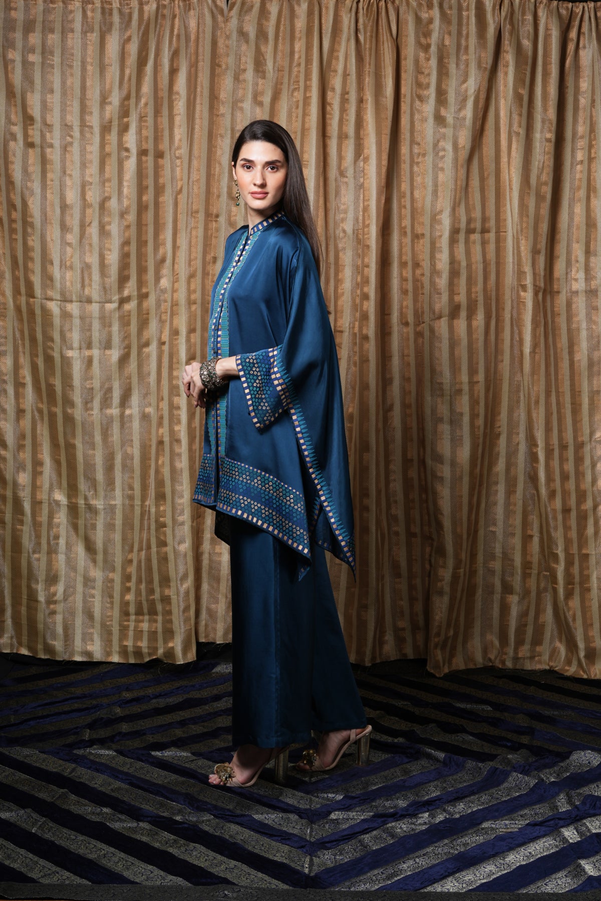 Blue block-printed kaftan jacket