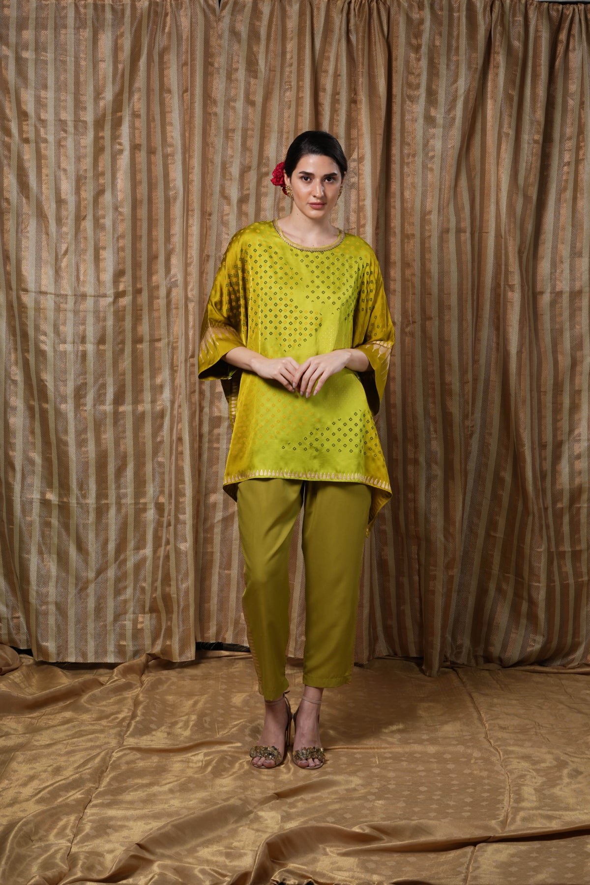 Vibrant lime yellow block-printed kaftan
