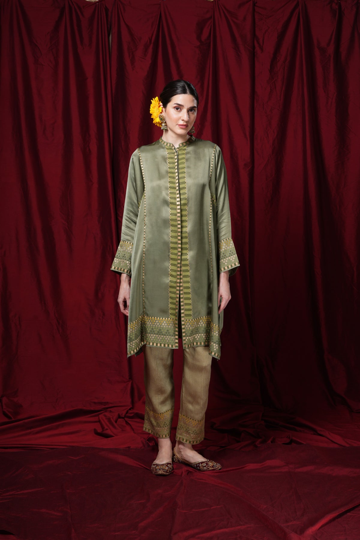 Olive green block-printed tunic jacket