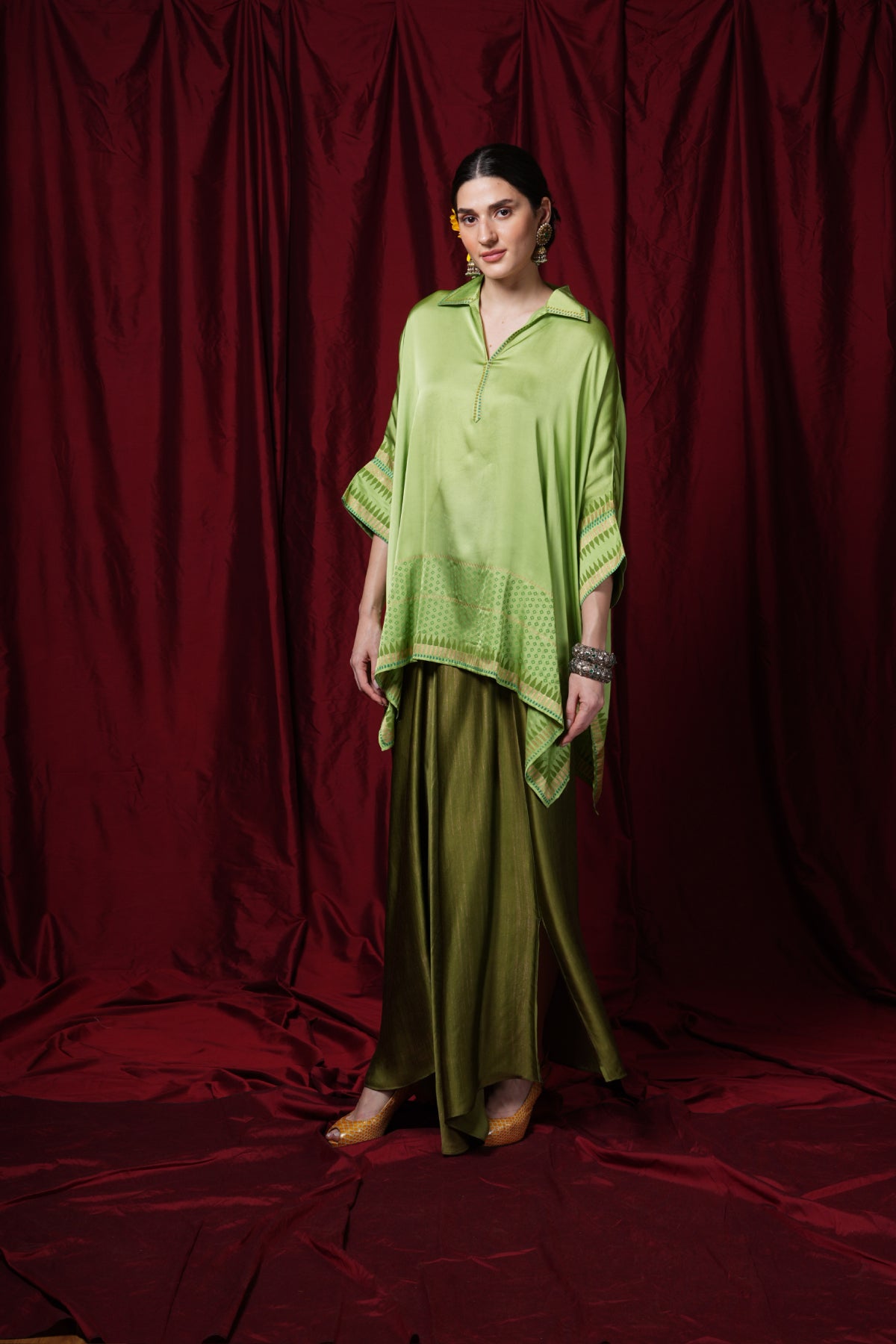 Lime green block-printed kaftan