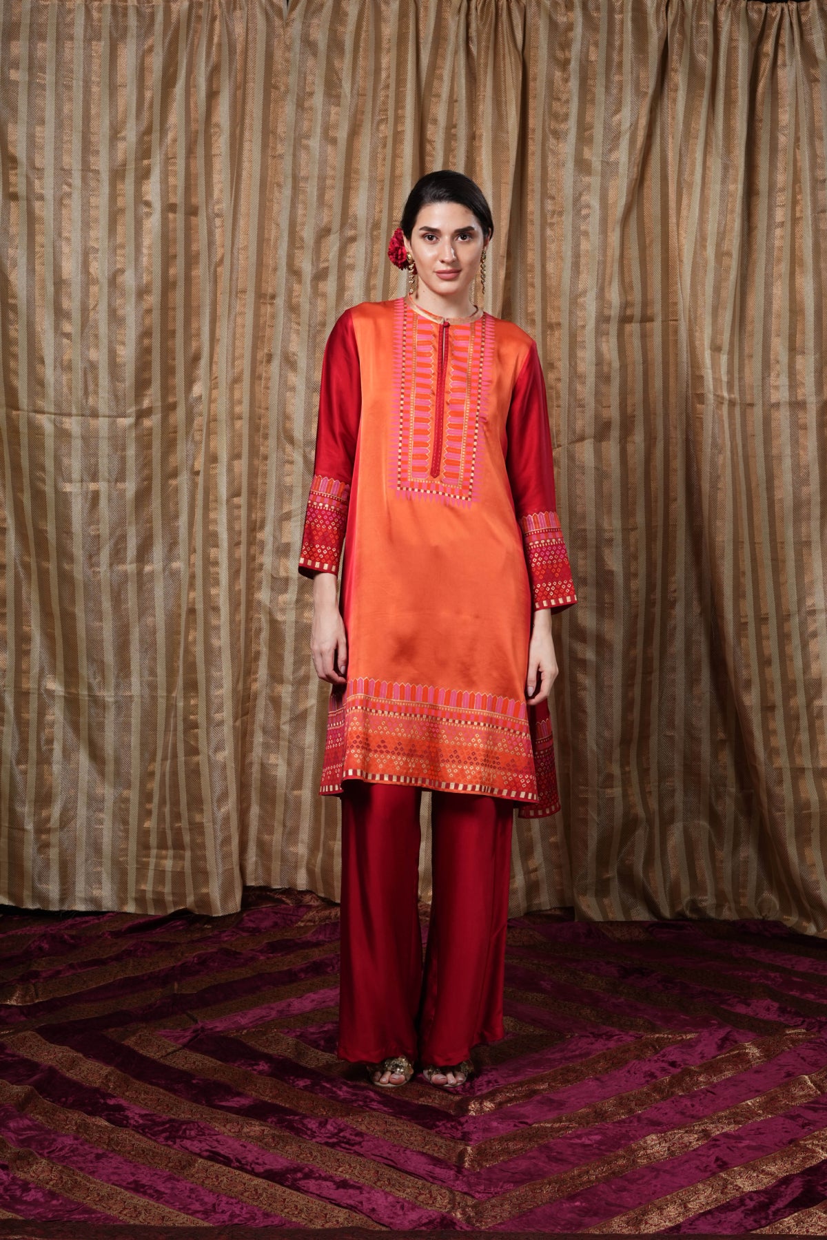 Vibrant orange and red block-printed tunic
