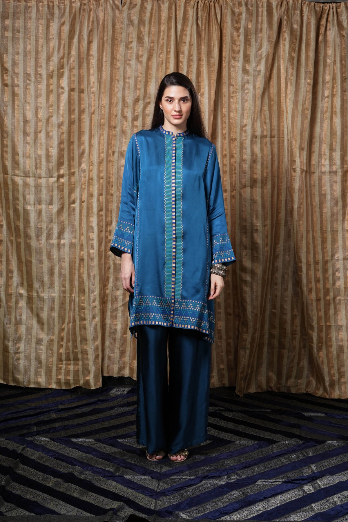 Blue block-printed tunic jacket