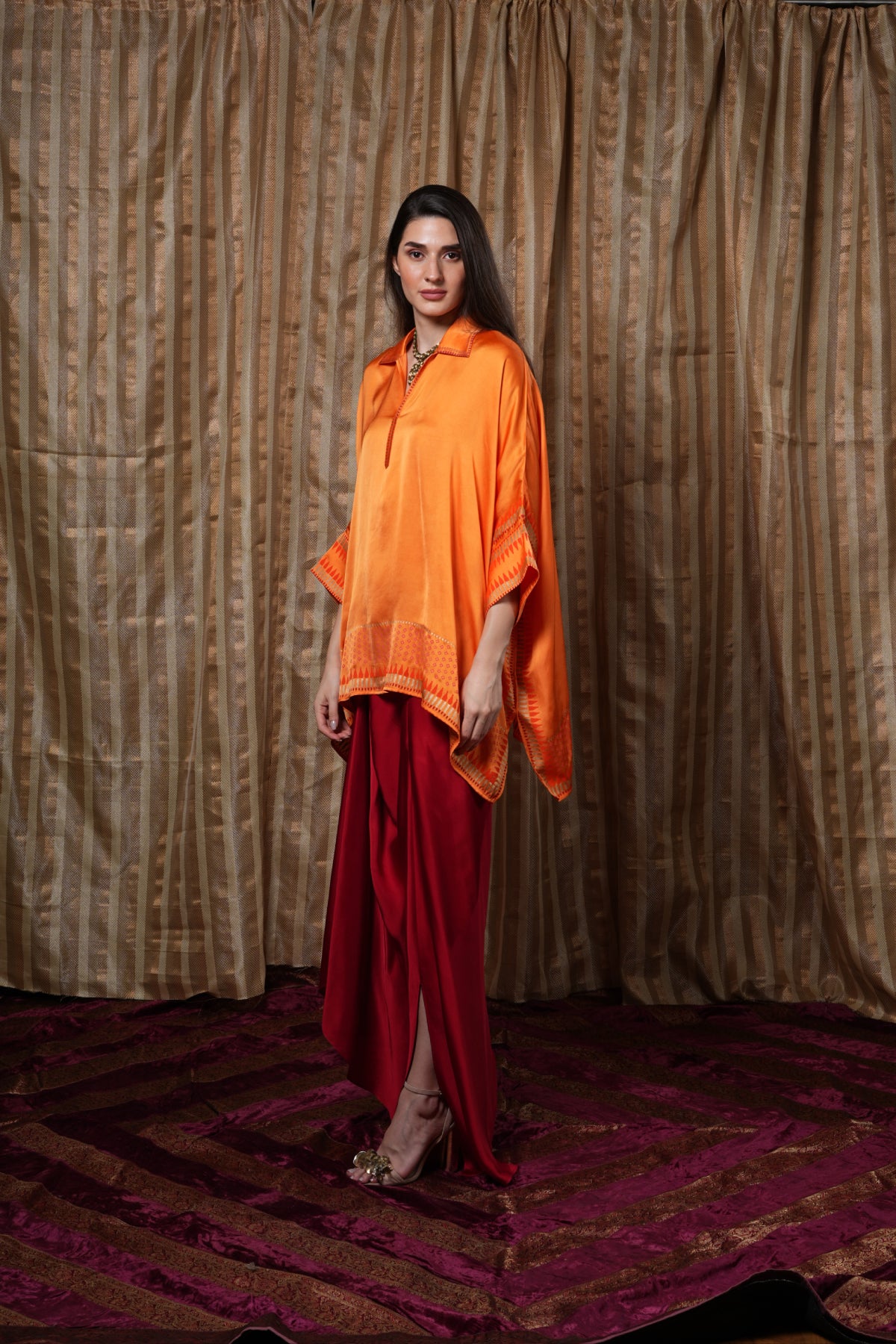 Vibrant orange block-printed kaftan