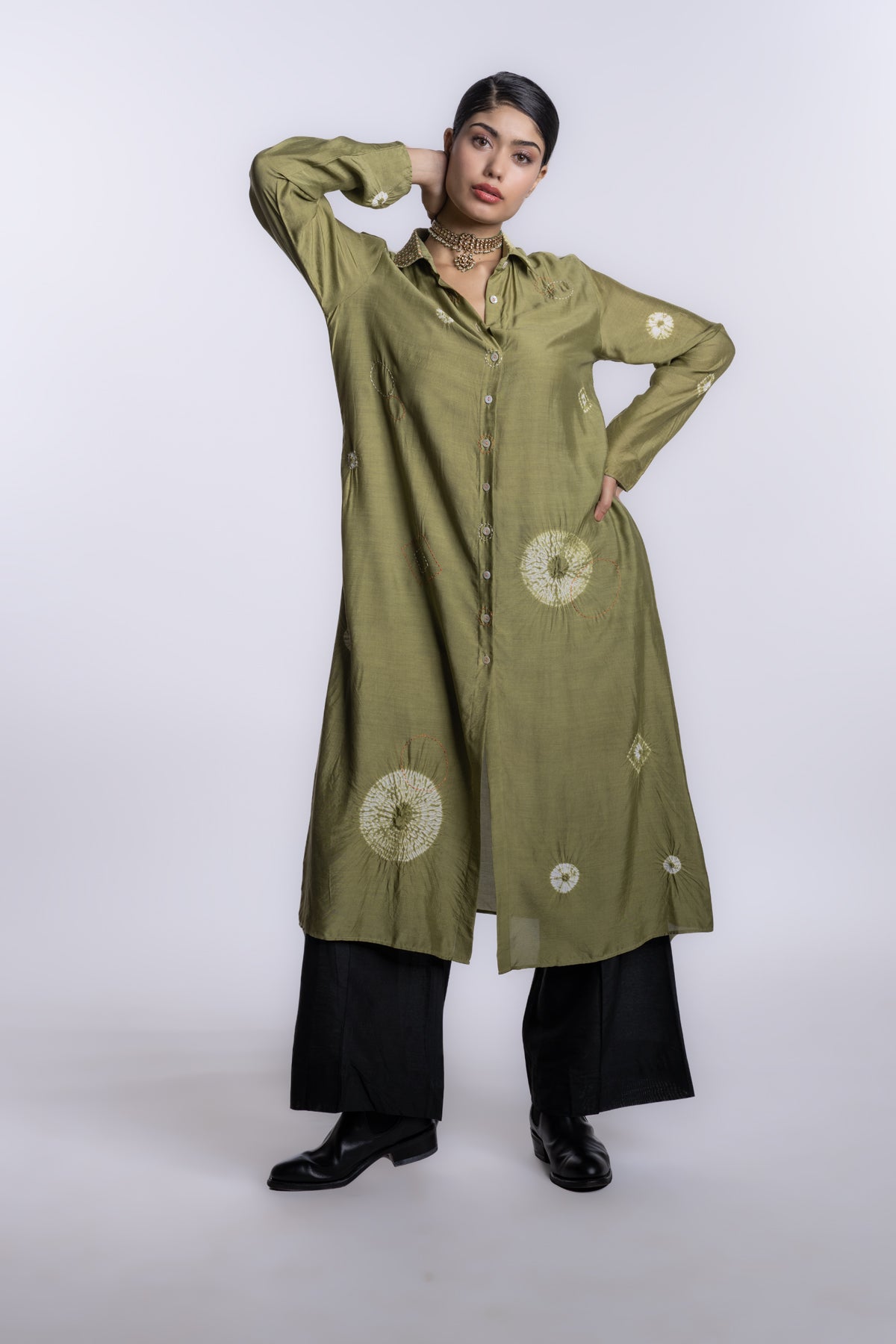 Olive green long tunic shirt with a collar and a relaxed
