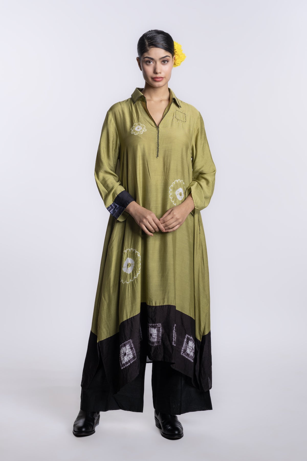 Olive easy-fit long tunic dress with a collar