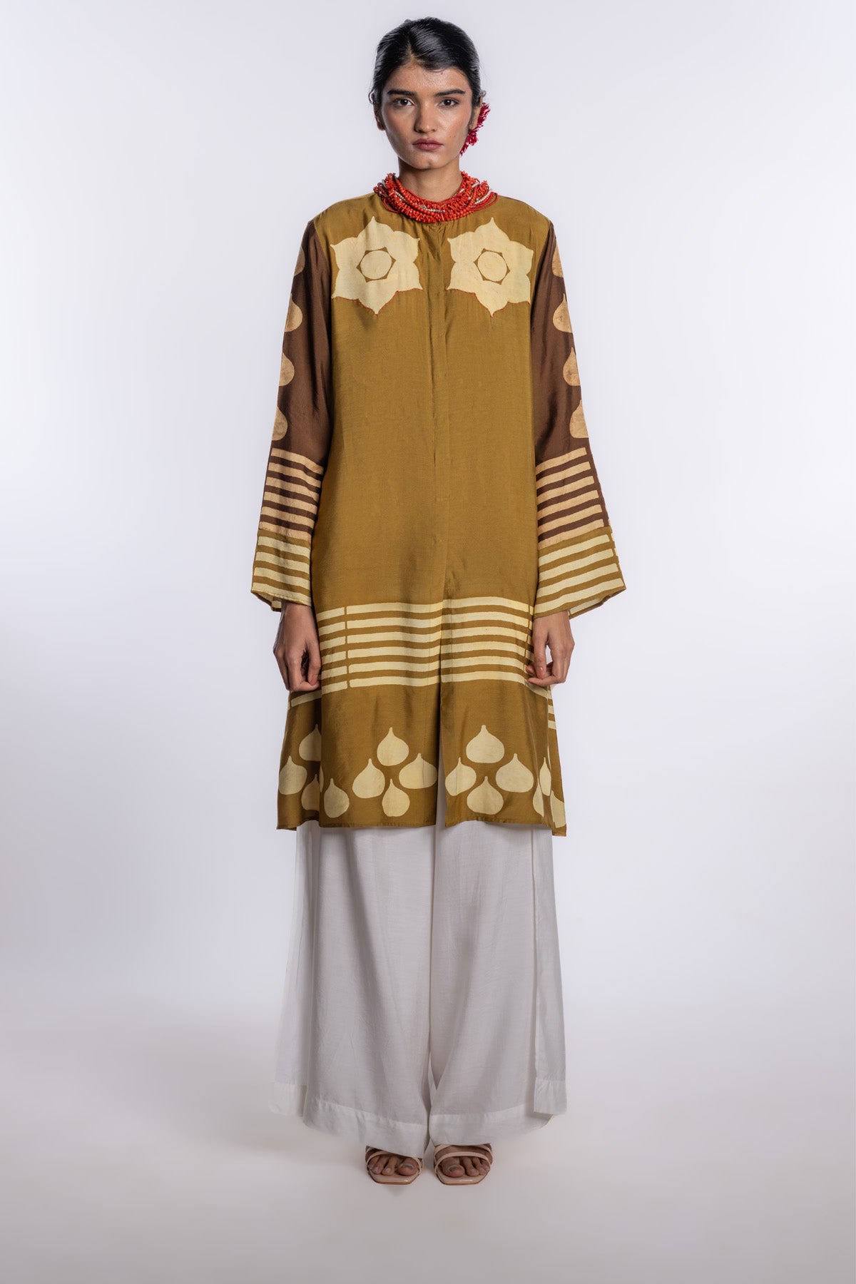 Block printed front-open tunic in earthy olive,