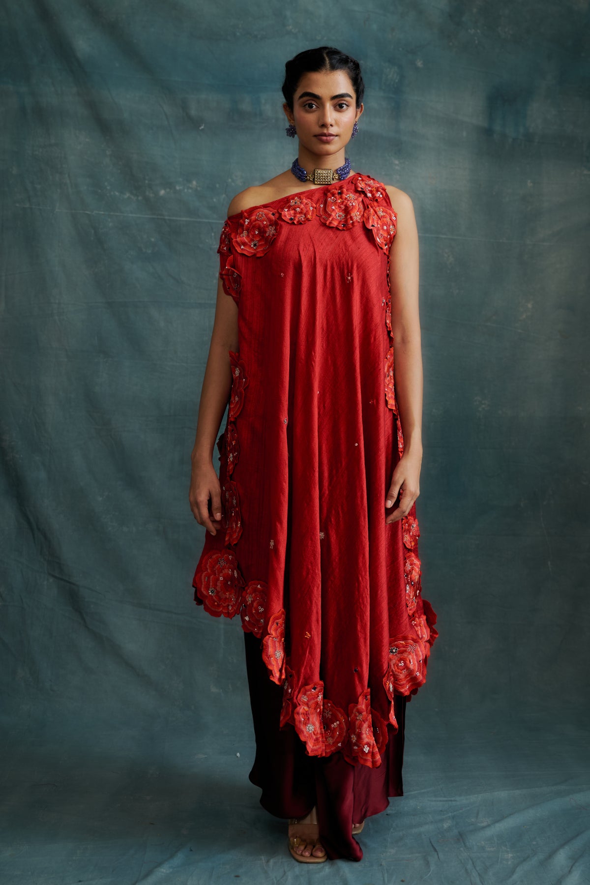 Red Embroidered Set Paired with Bustier & Draped Skirt