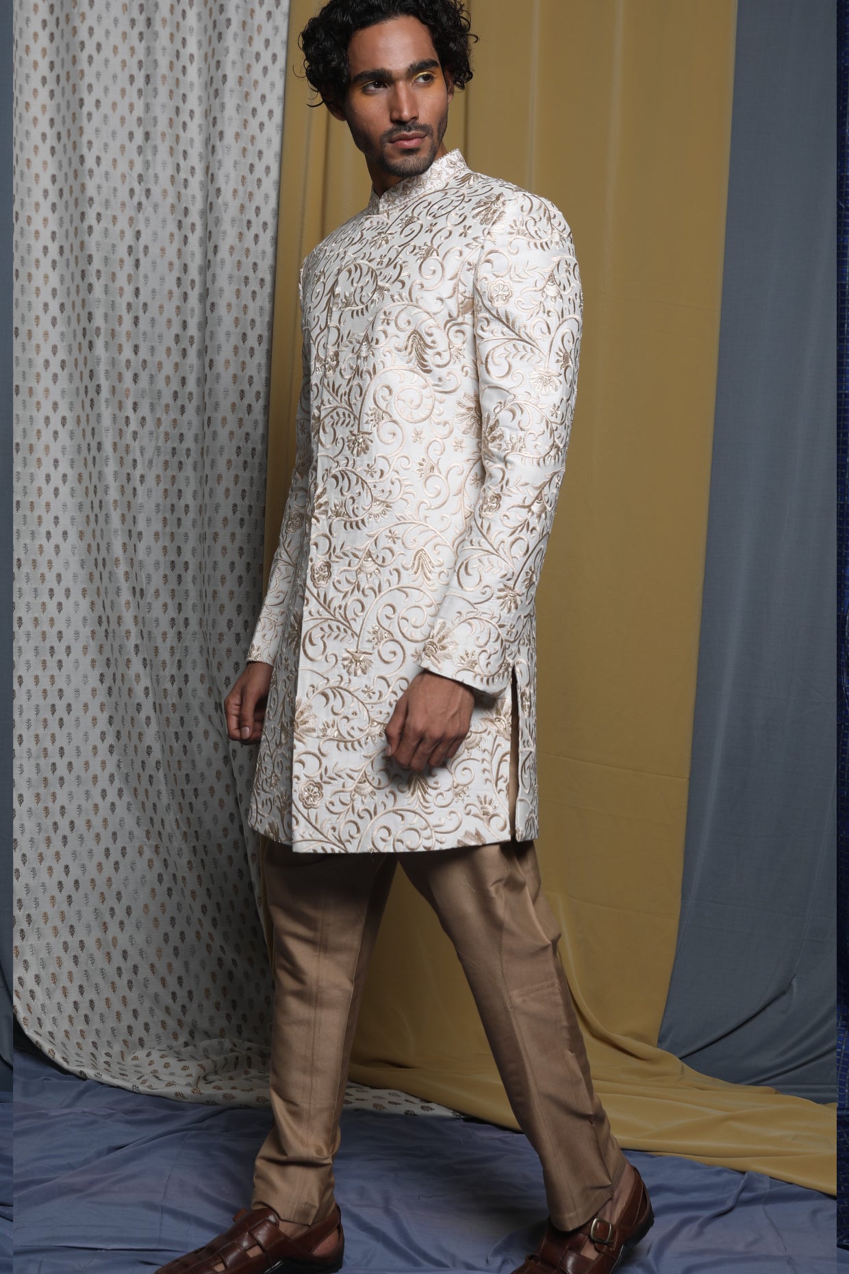 Short length White Men sherwani with Multi colors pattern like Arabic and  Sindhi Culture Style paired with white Trouser Qatar Kuwait Oman Saudi  Arabia