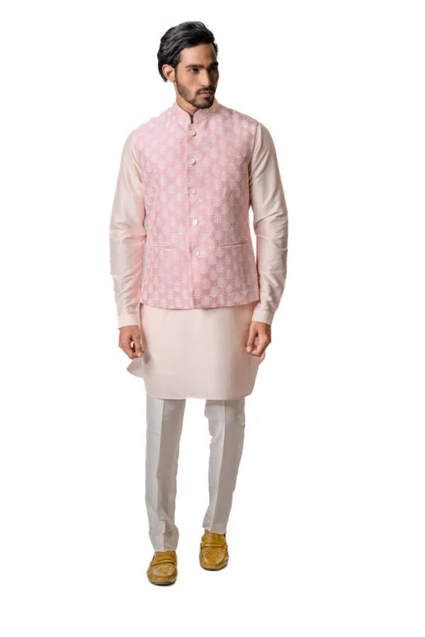 Blush Pink Printed & Embroidered Bundi Jacket