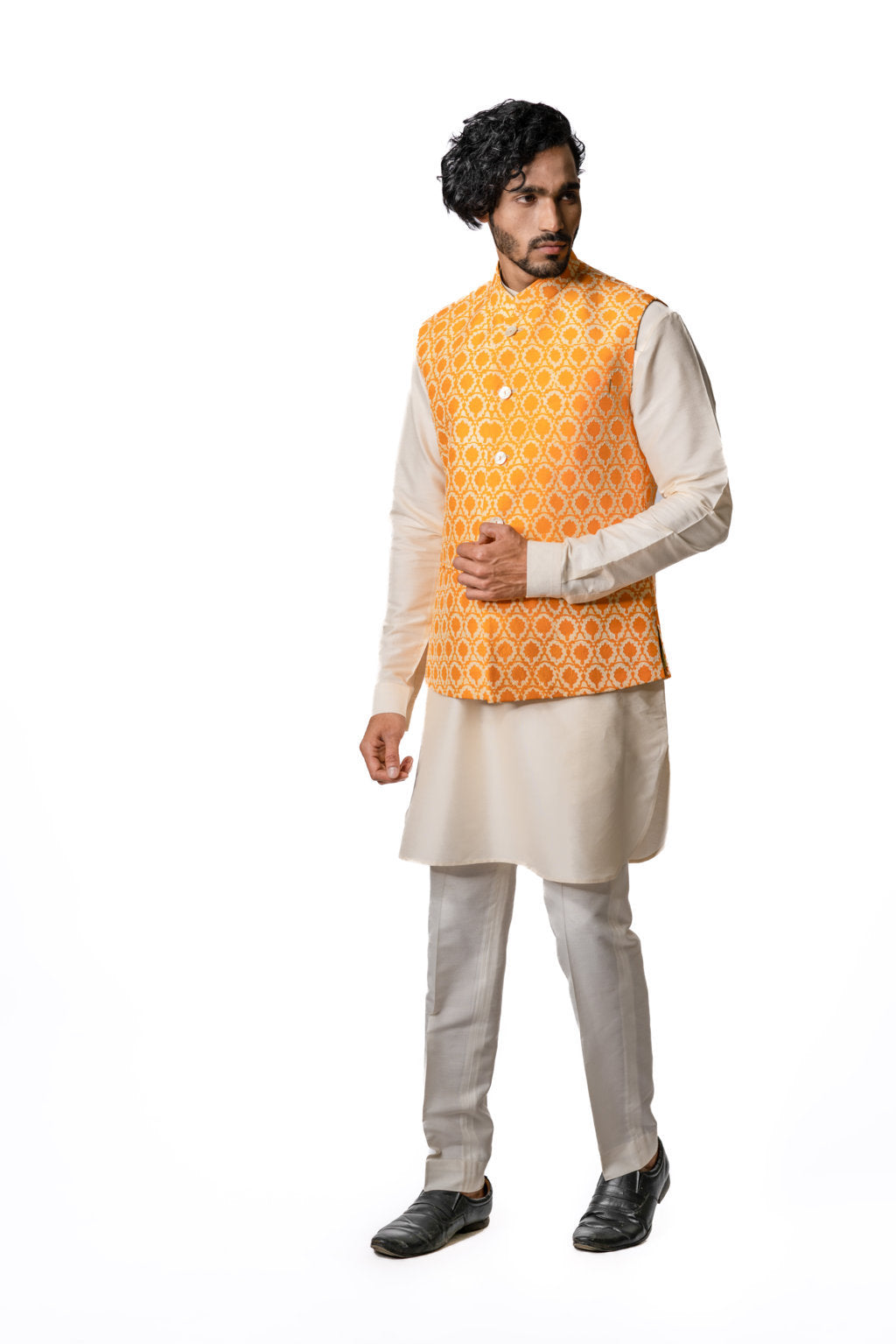 Bright Orange Block Printed & Embroidered Bundi Jacket