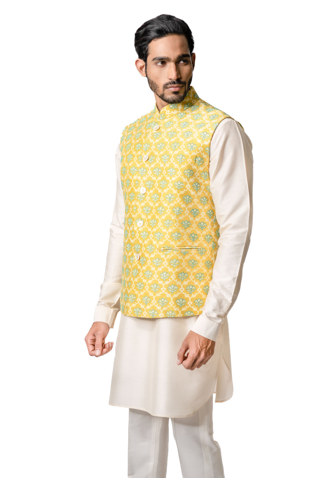 Yellow Printed & Contrast Embroidered Bundi Jacket