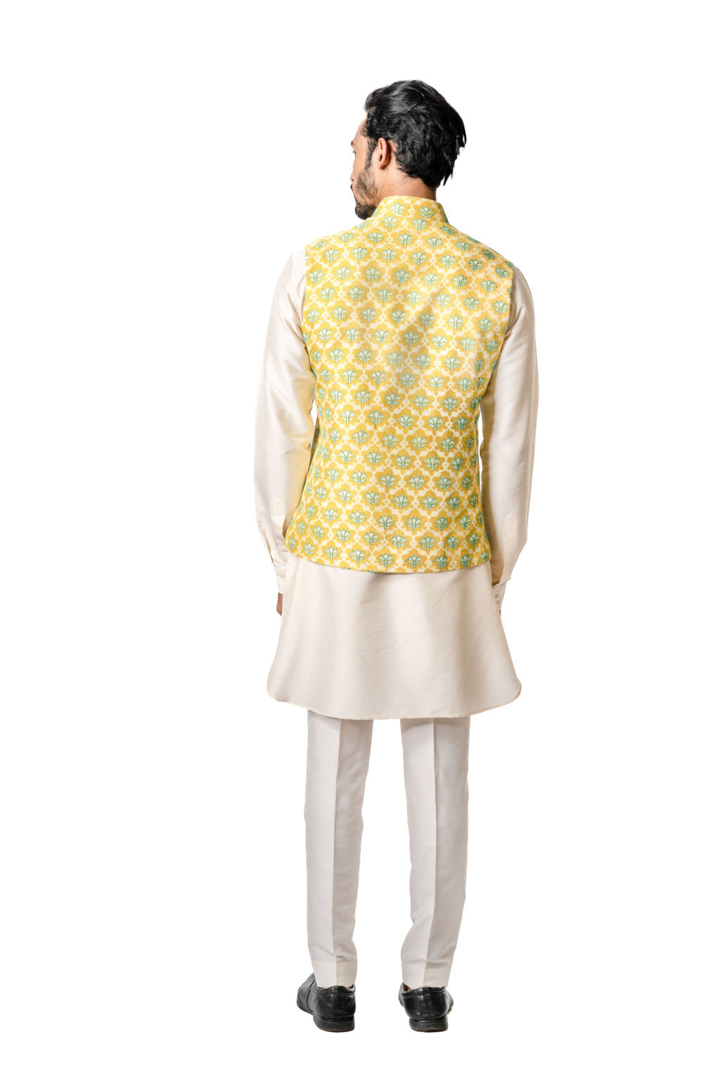 Yellow Printed & Contrast Embroidered Bundi Jacket