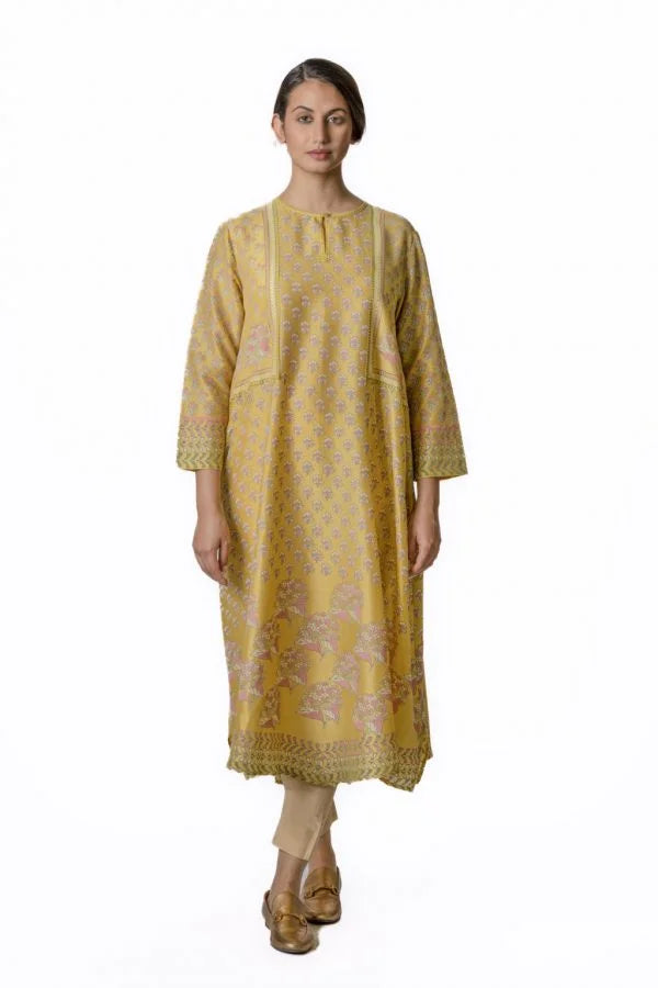 Mustard Chanderi Tunic With Floral Block Printed Motifs