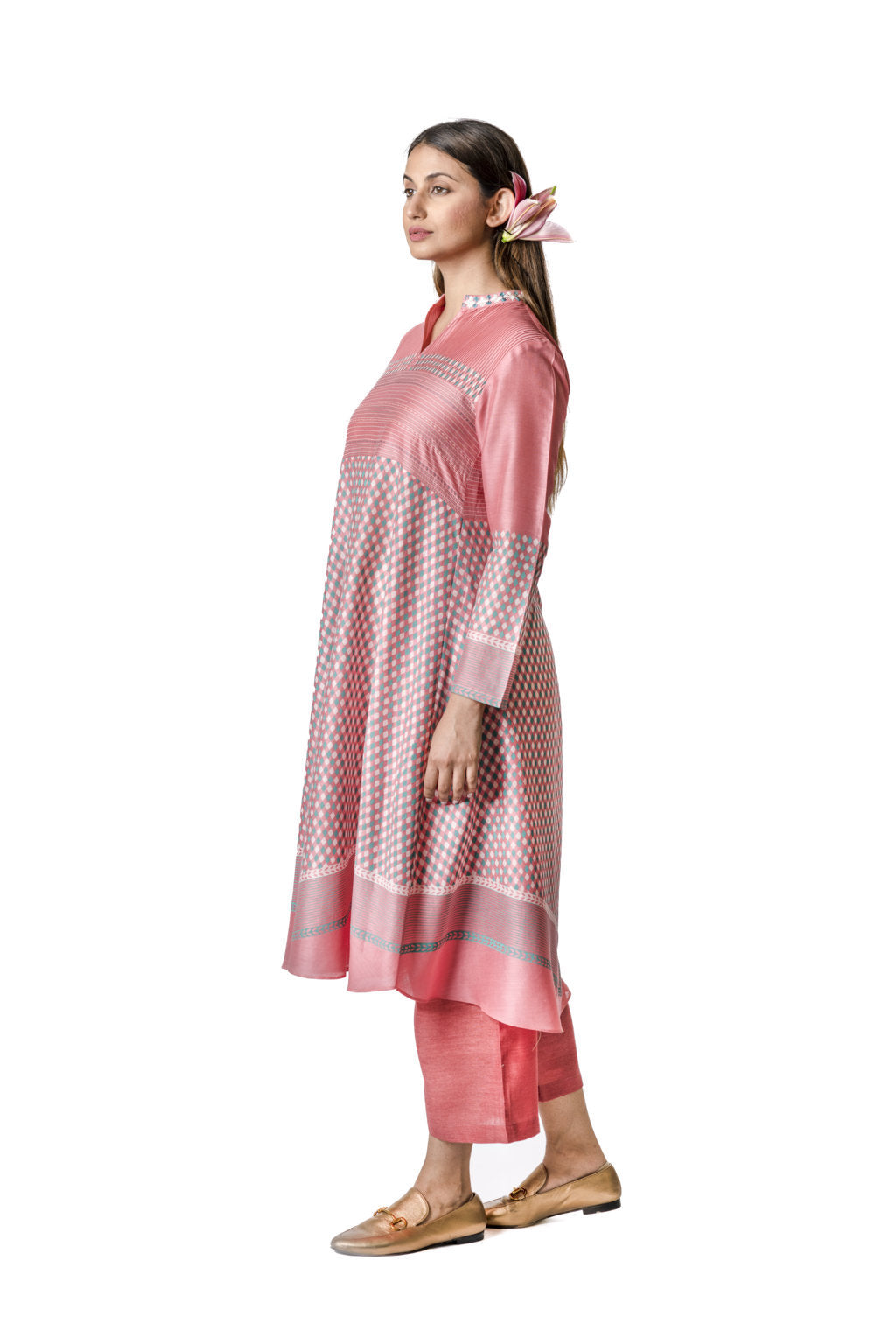 Pink Chanderi Tunic With Geometric Block Printed Motifs