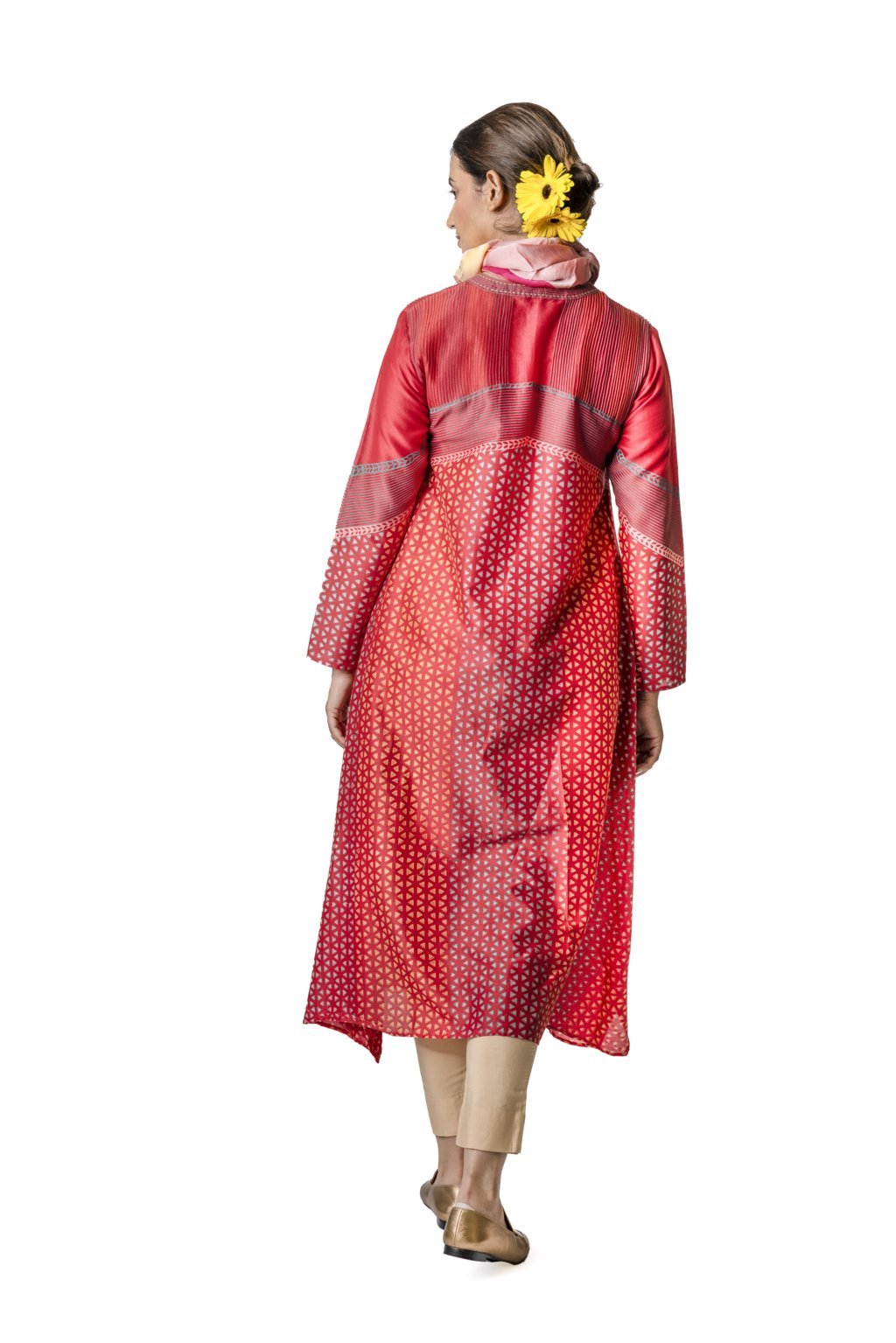 Red Chanderi Tunic With Geometric Block Printed Motifs