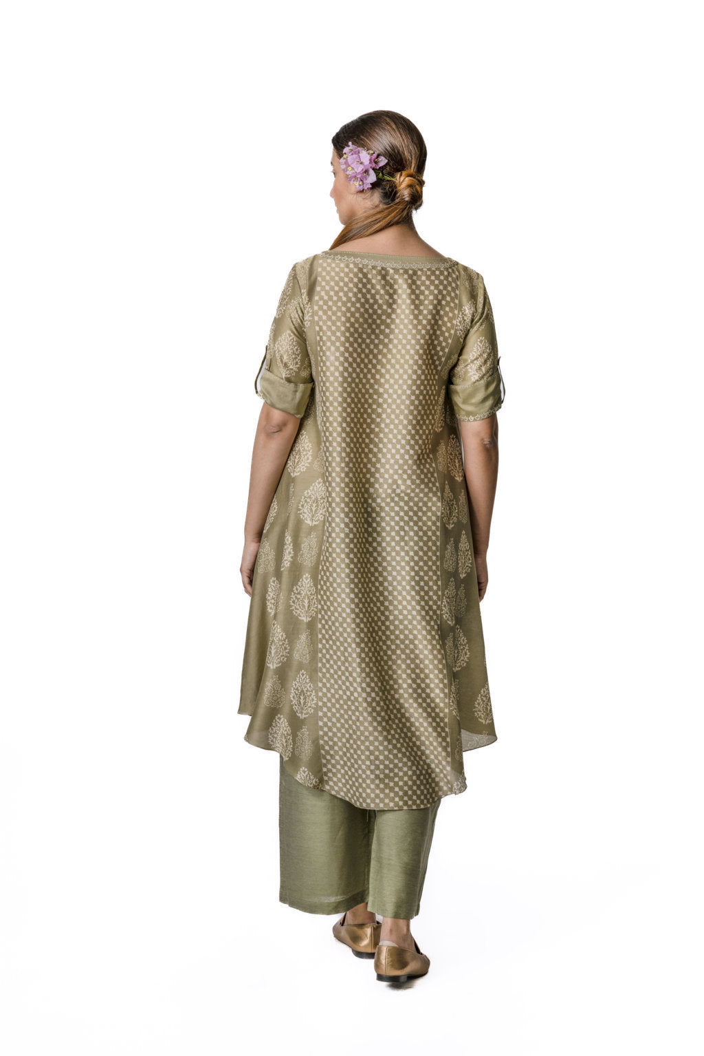 Olive Chanderi Tunic With Floral Block Printed Motifs