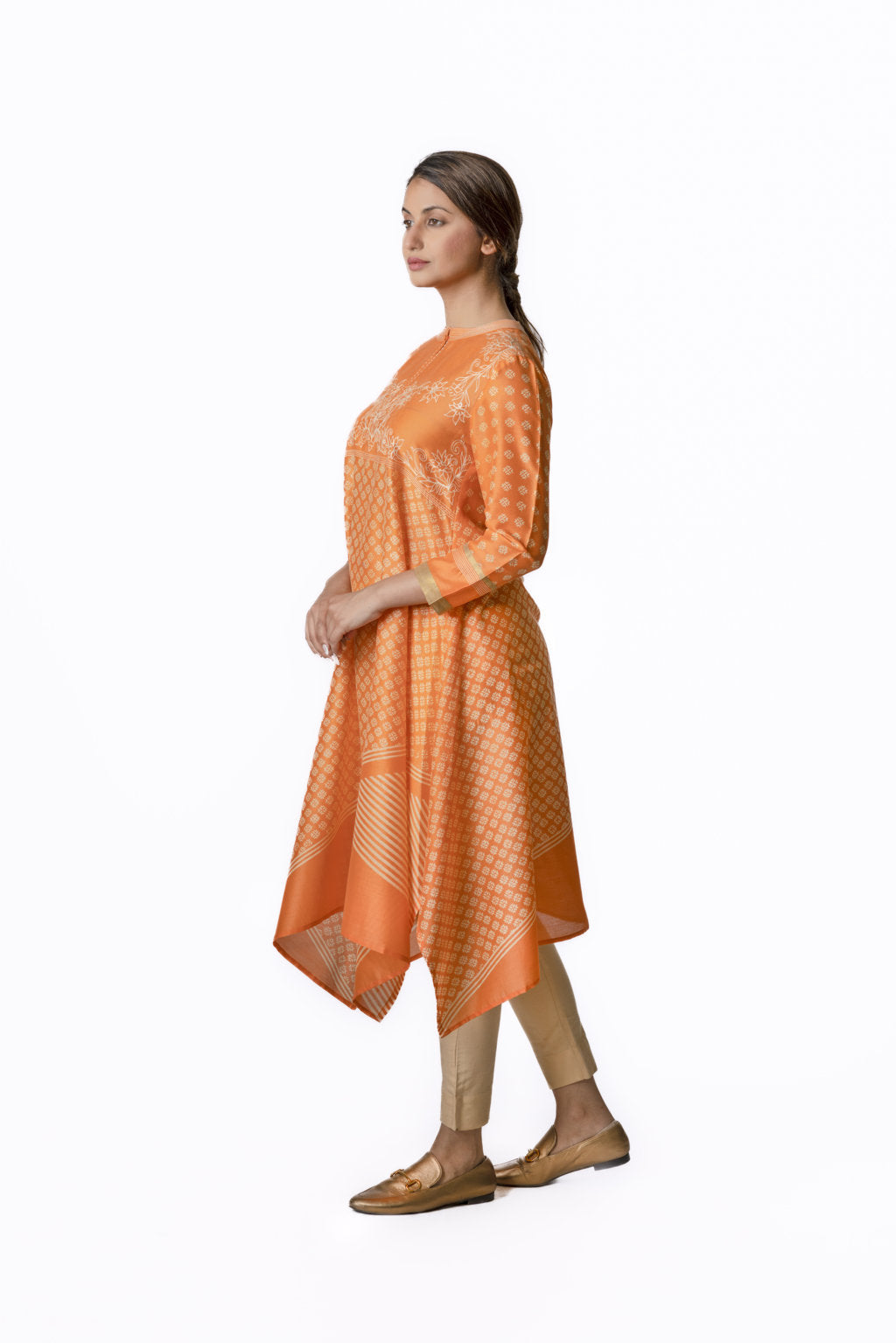 Orange Asymmetric Chanderi Tunic With Stripes, Geometric Block Print