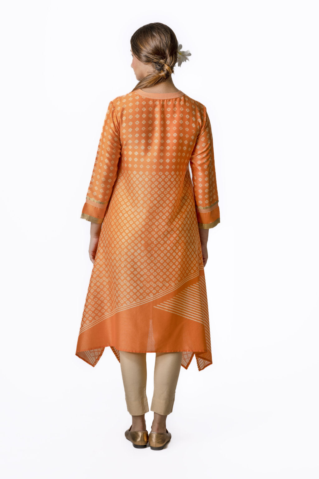 Orange Asymmetric Chanderi Tunic With Stripes, Geometric Block Print