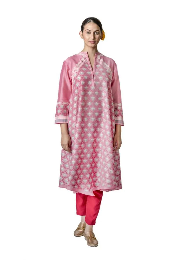 Pink Chanderi Tunic With Floral Block Print