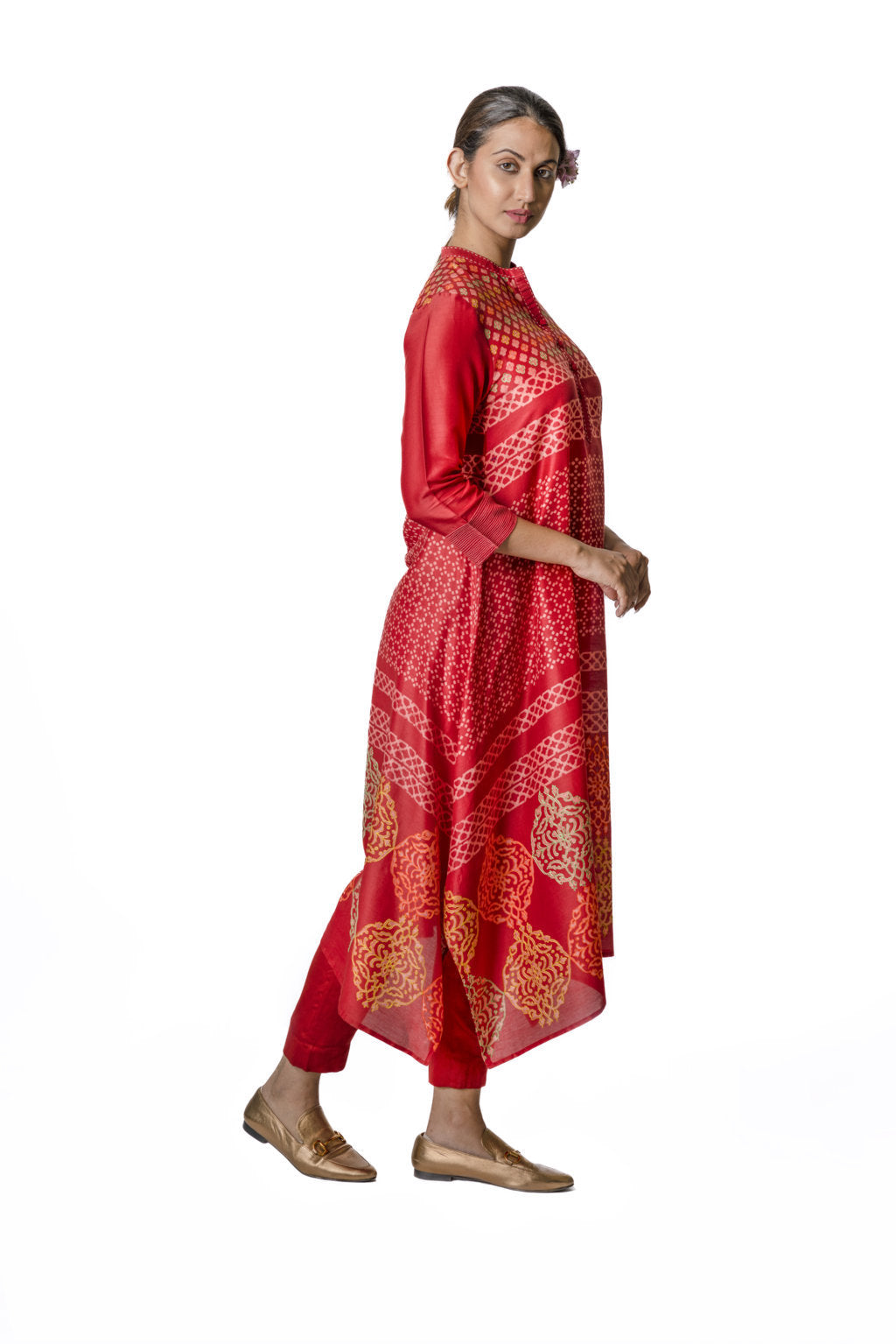 Red Chanderi Tunic With Floral & Geometric Block Print
