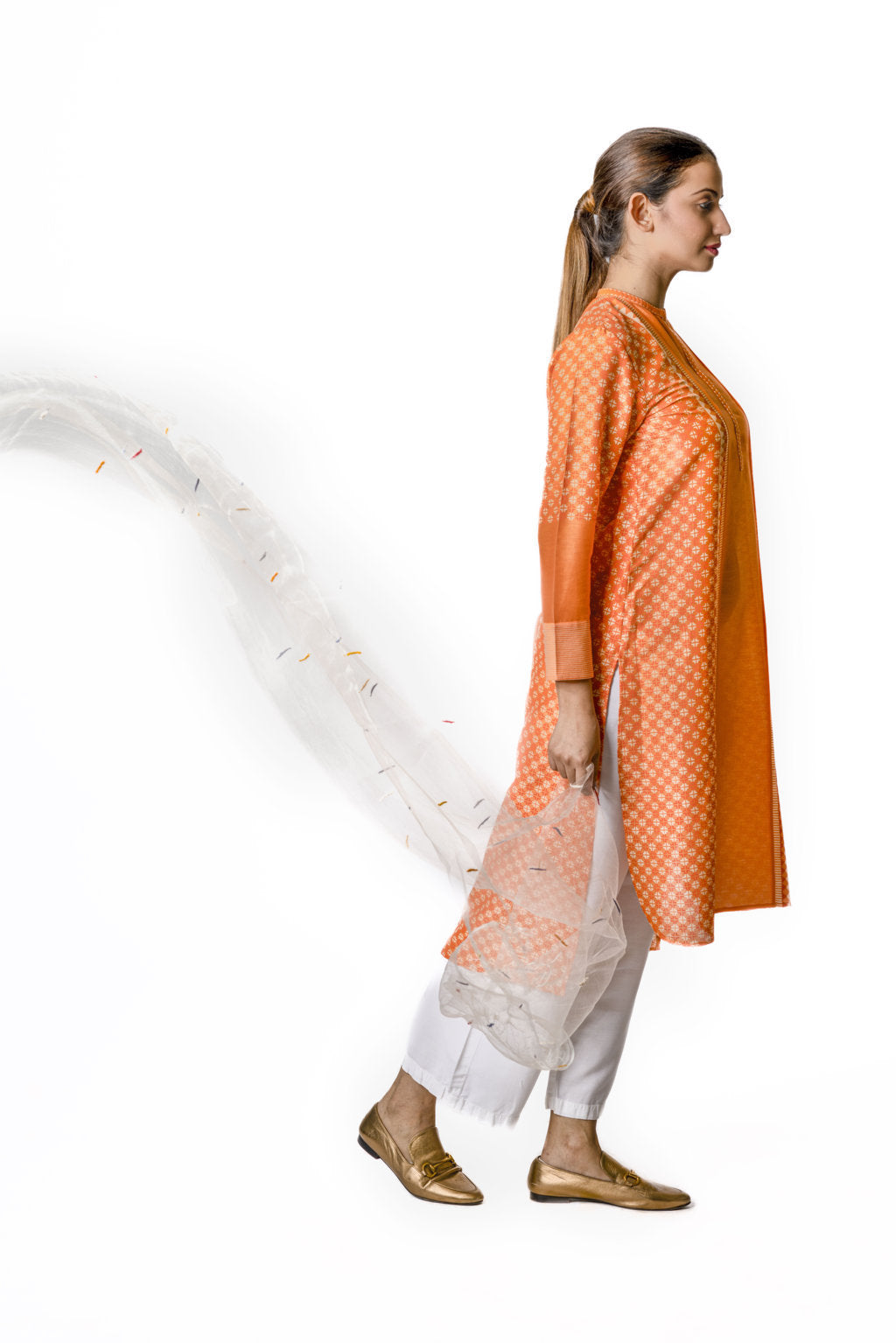 Orange asymmetric chanderi tunic with stripes, geometric block print