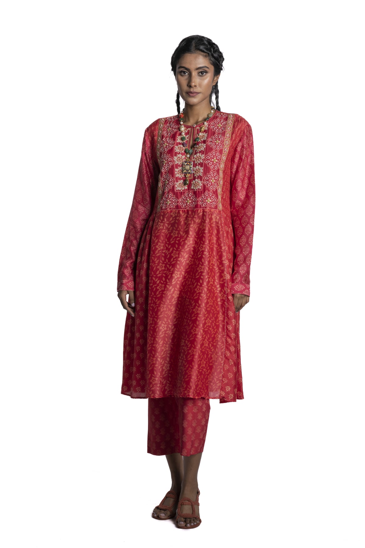Red Chanderi Floral Printed Tunic Set