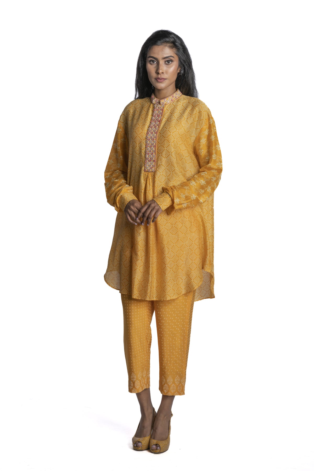 Yellow Chanderi Asymmetric Tunic Set